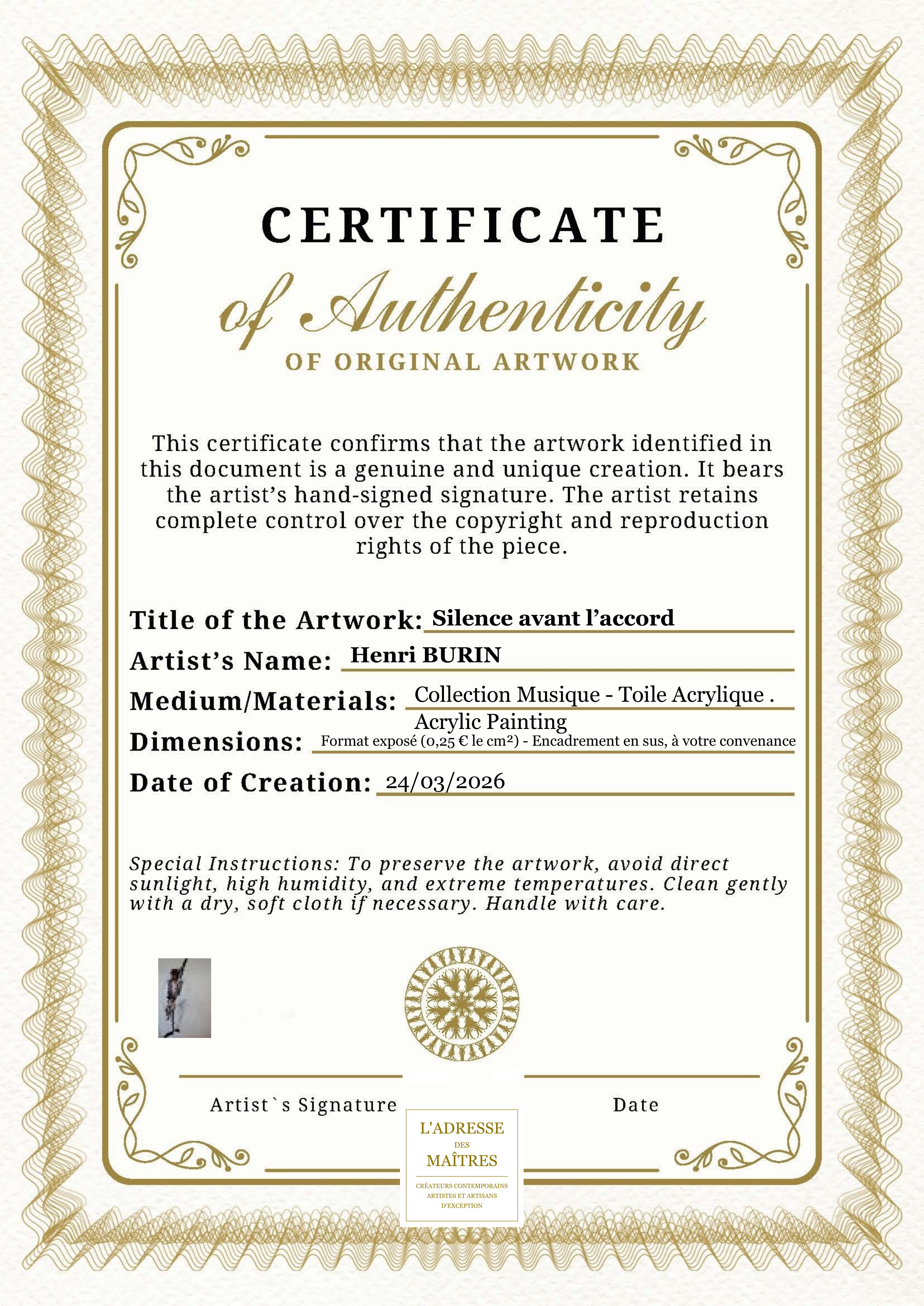 Certificat d'authenticité — Silence avant l’accord — Henri BURIN