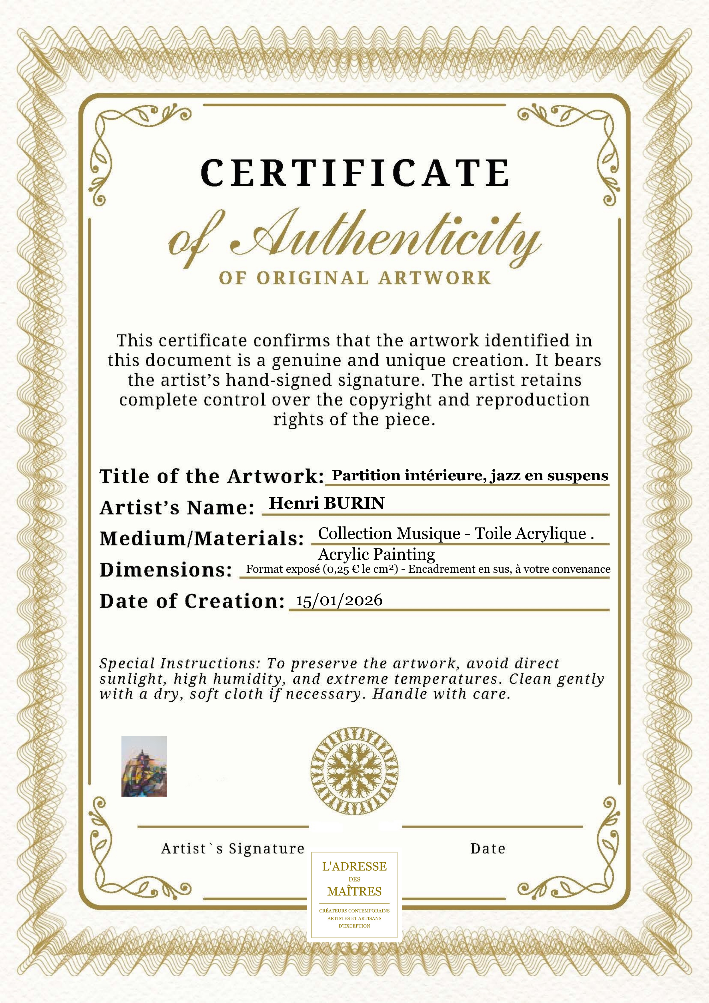 Certificat d'authenticité — Partition intérieure, jazz en suspens — Henri BURIN
