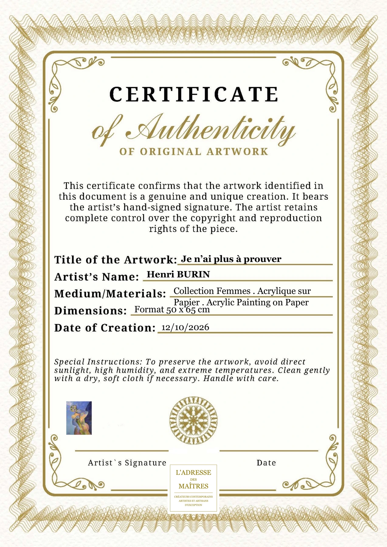 Certificat d'authenticité - Je n’ai plus à prouver - Henri BURIN