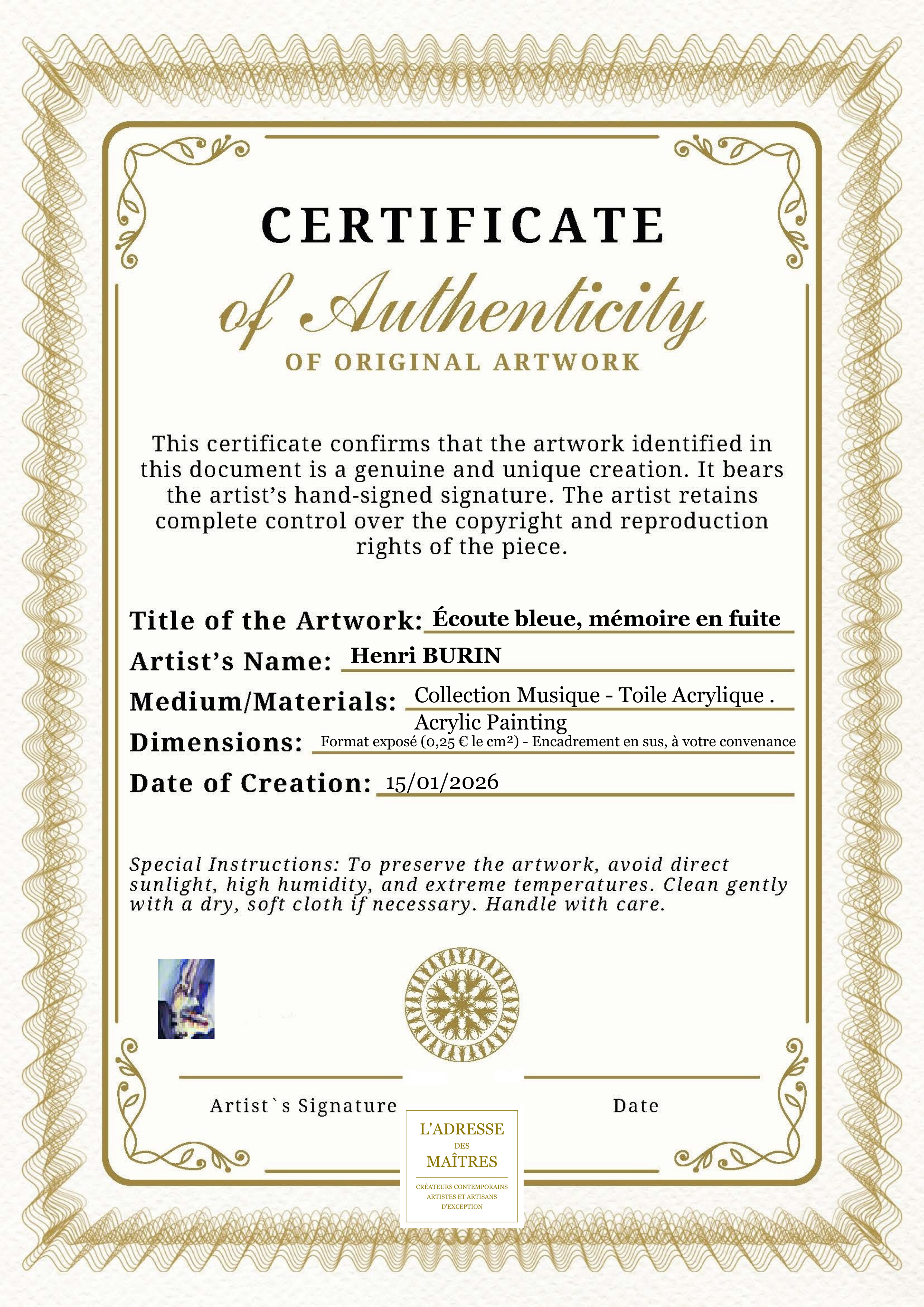 Certificat d'authenticité — Écoute bleue, mémoire en fuite — Henri BURIN