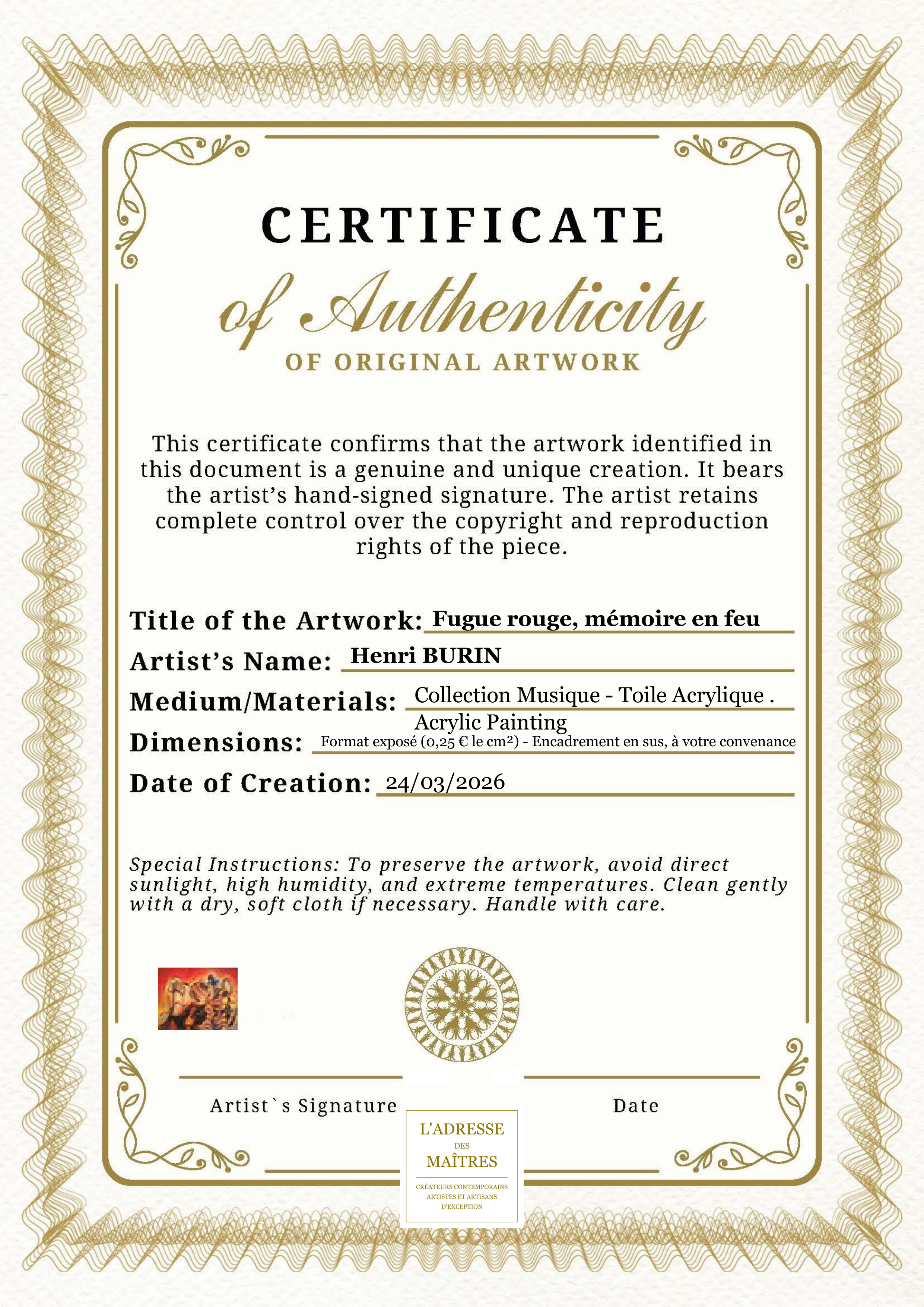 Certificat d'authenticité — Fugue rouge, mémoire en feu — Henri BURIN