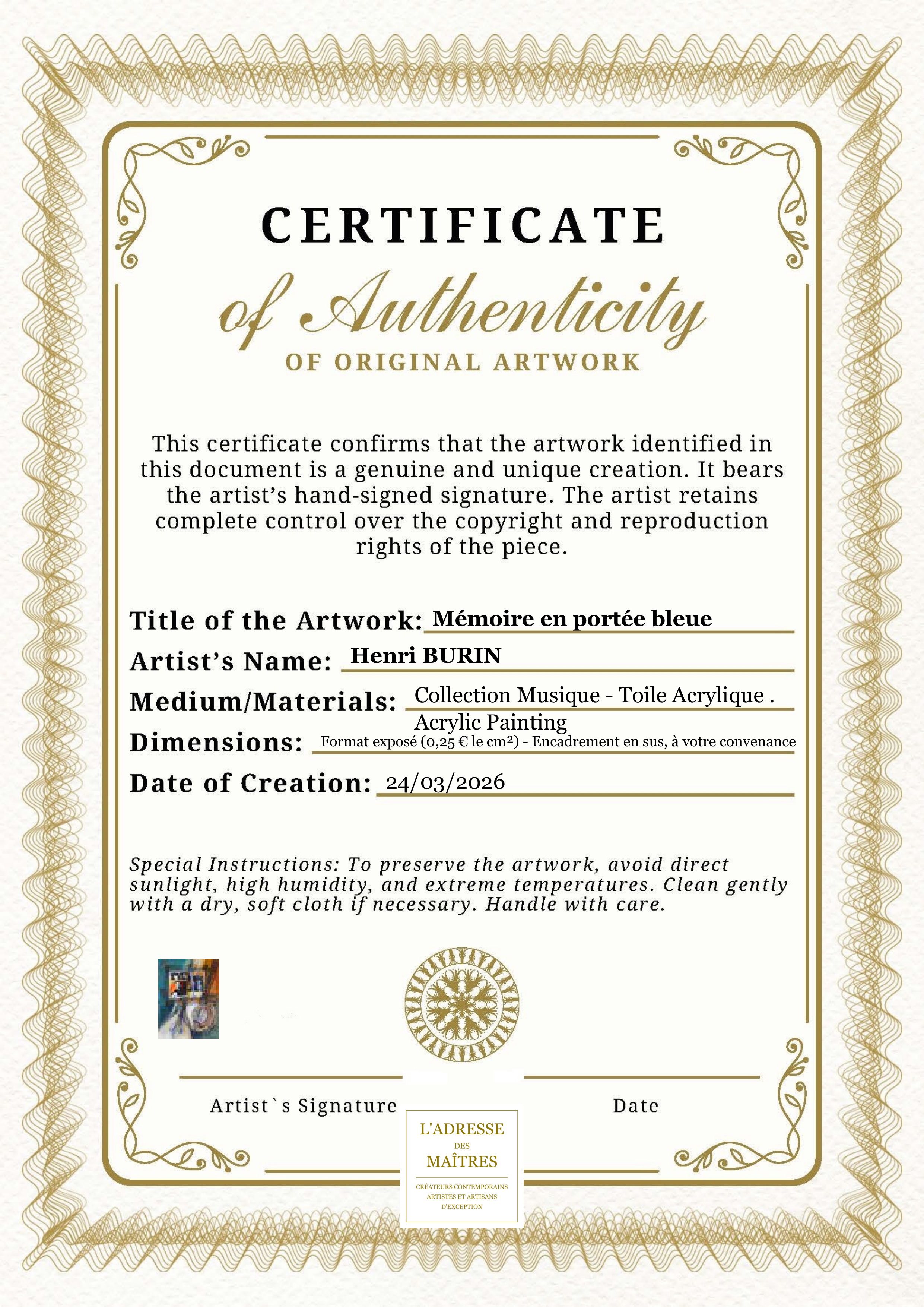 Certificat d'authenticité — Mémoire en portée bleue — Henri BURIN