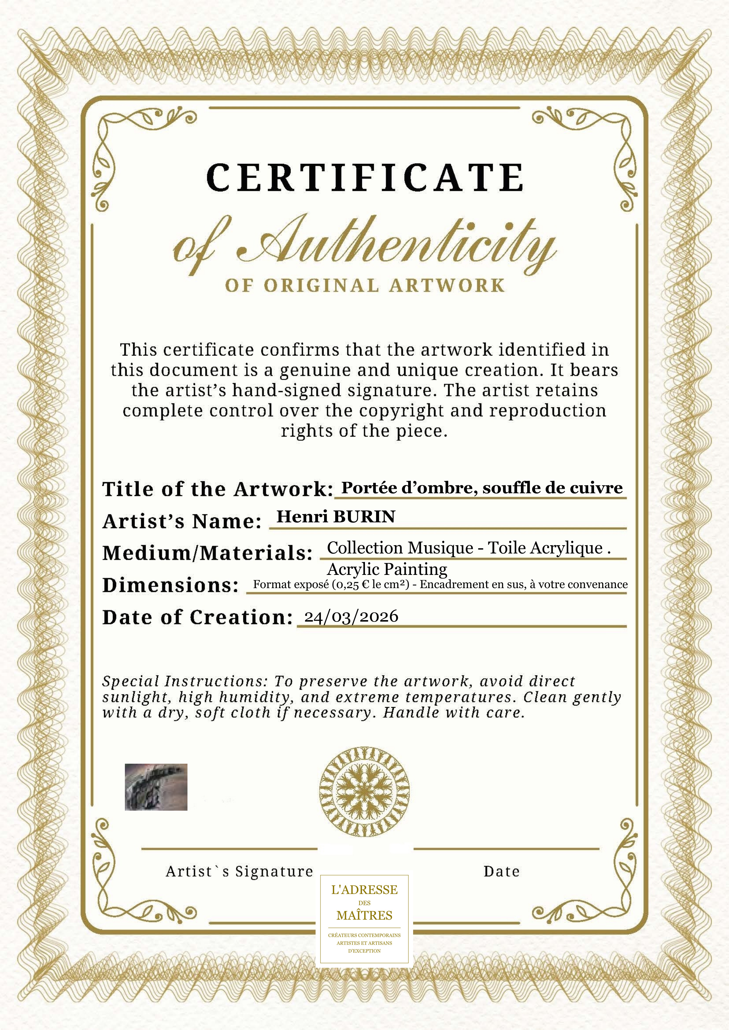 Certificat d'authenticité — Portée d’ombre, souffle de cuivre — Henri BURIN