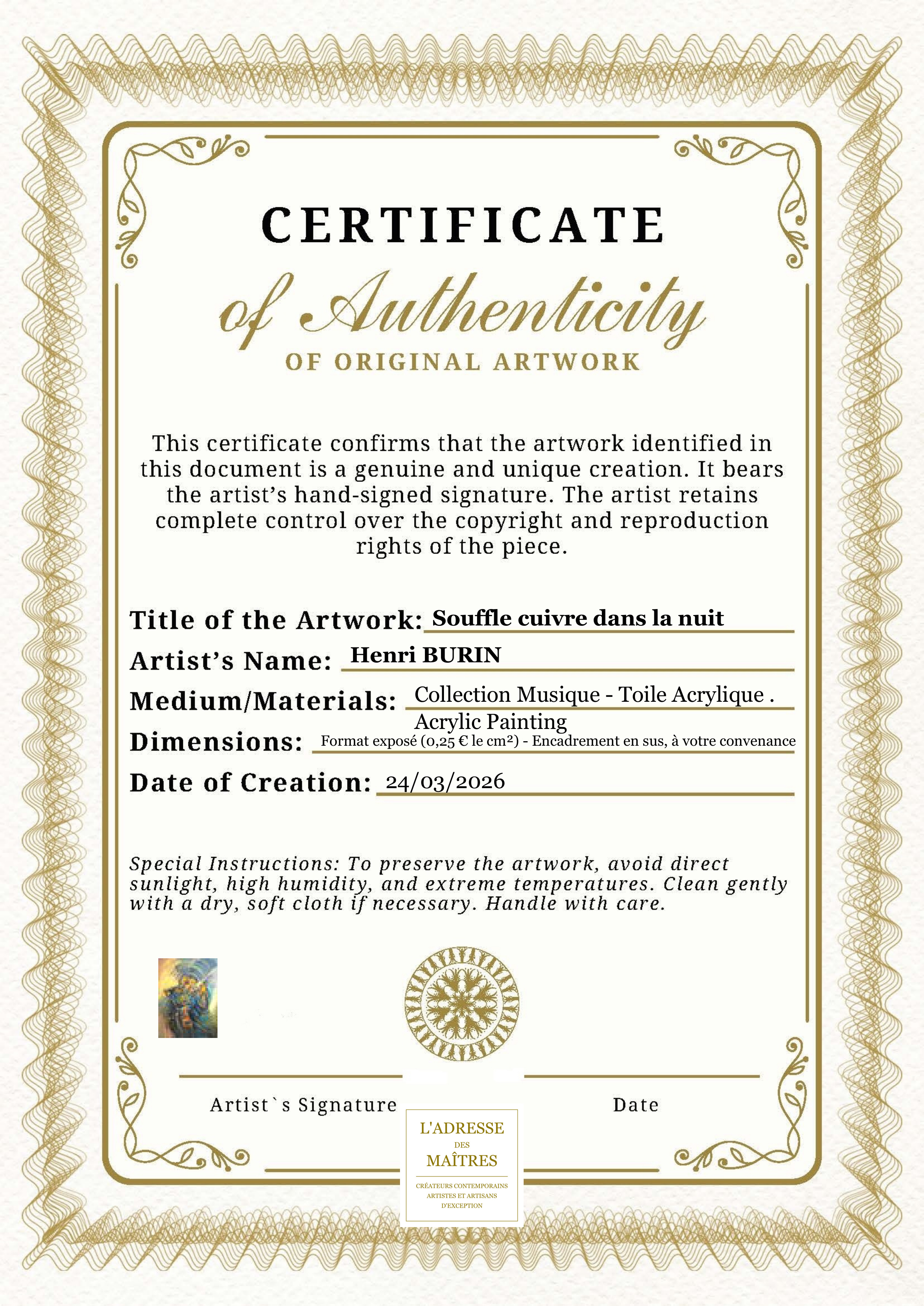 Certificat d'authenticité — Souffle cuivre dans la nuit — Henri BURIN