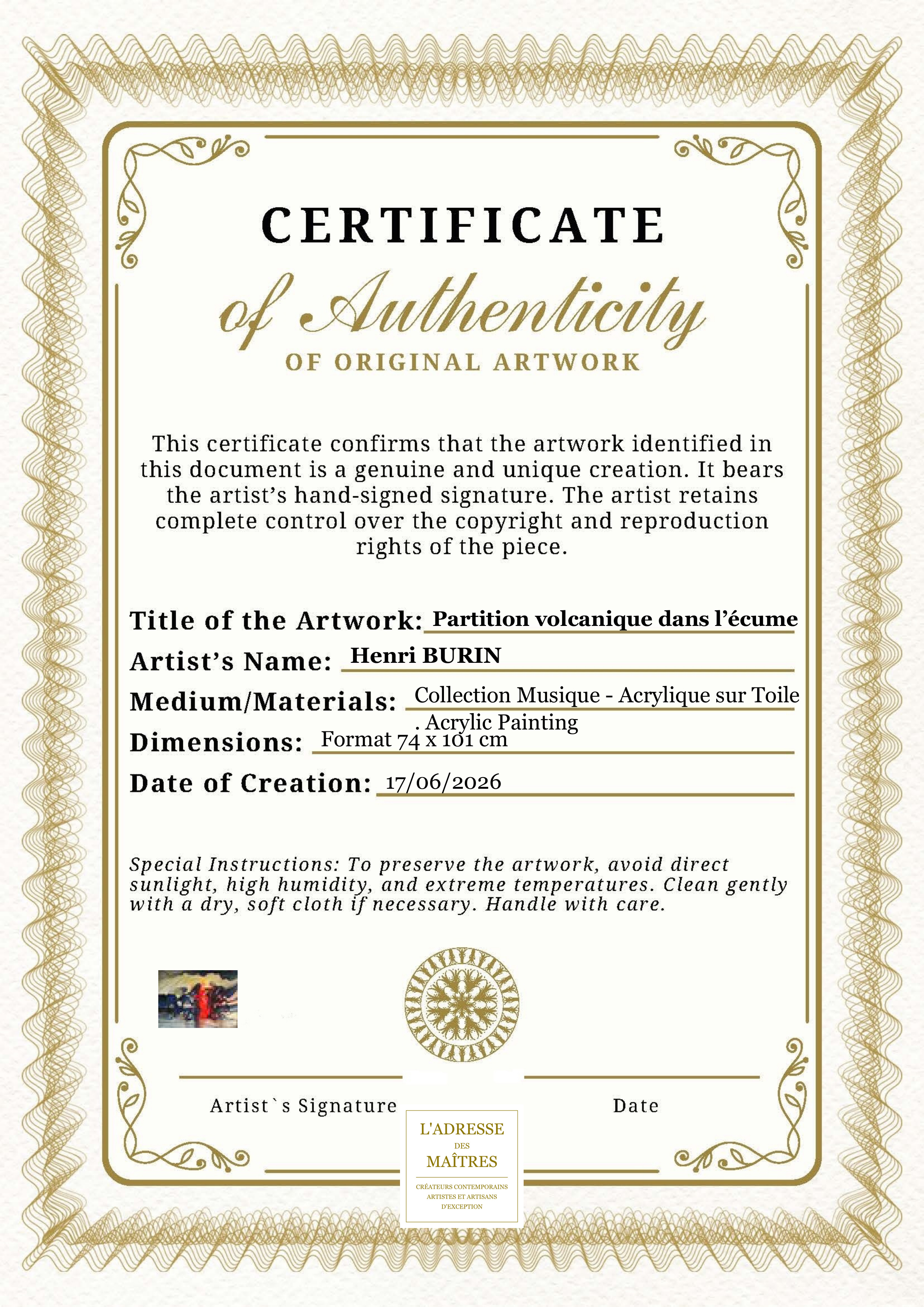 Certificat d'authenticité — Partition volcanique dans l’écume — Henri BURIN