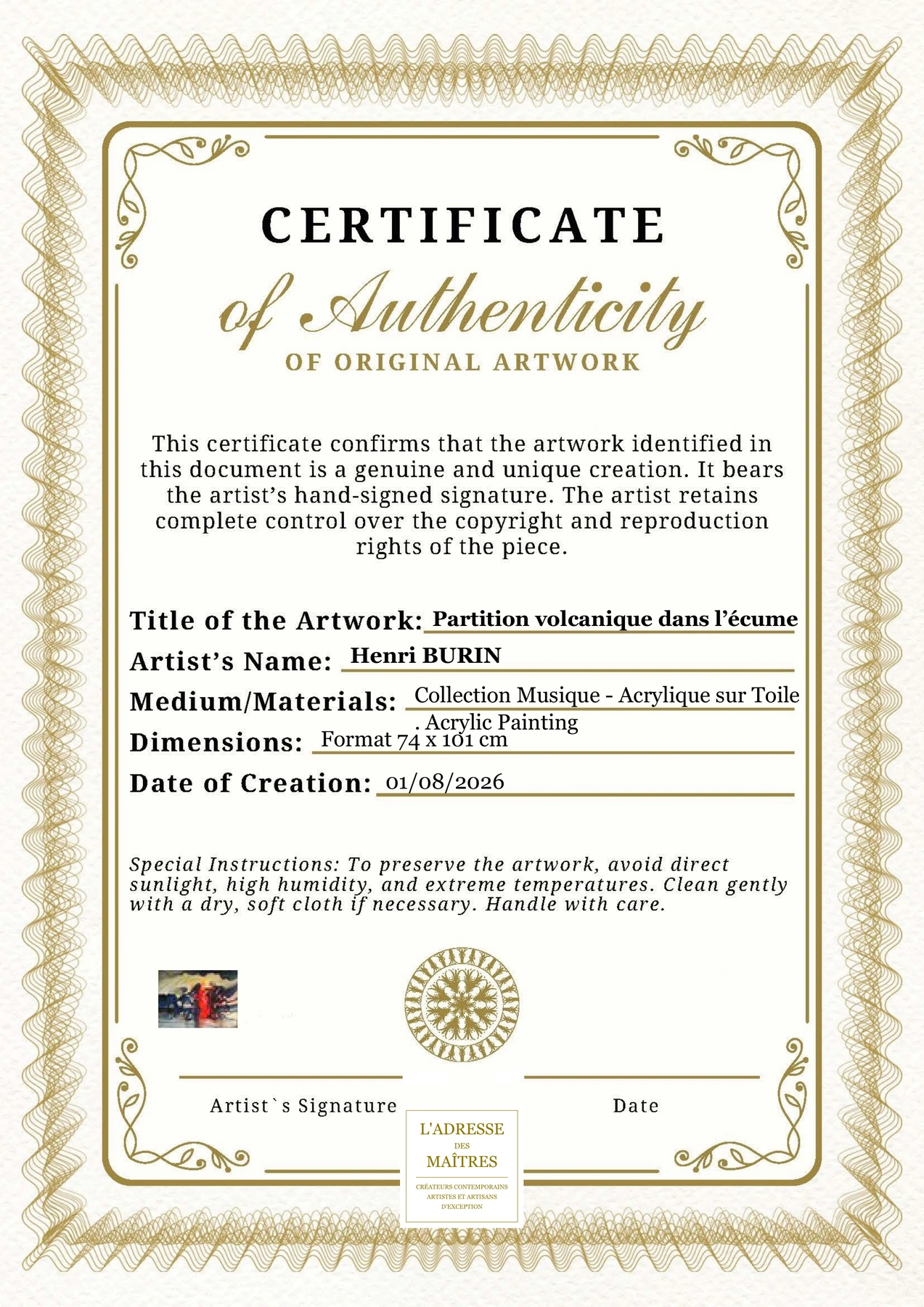 Certificat d'authenticité — Partition volcanique dans l’écume — Henri BURIN