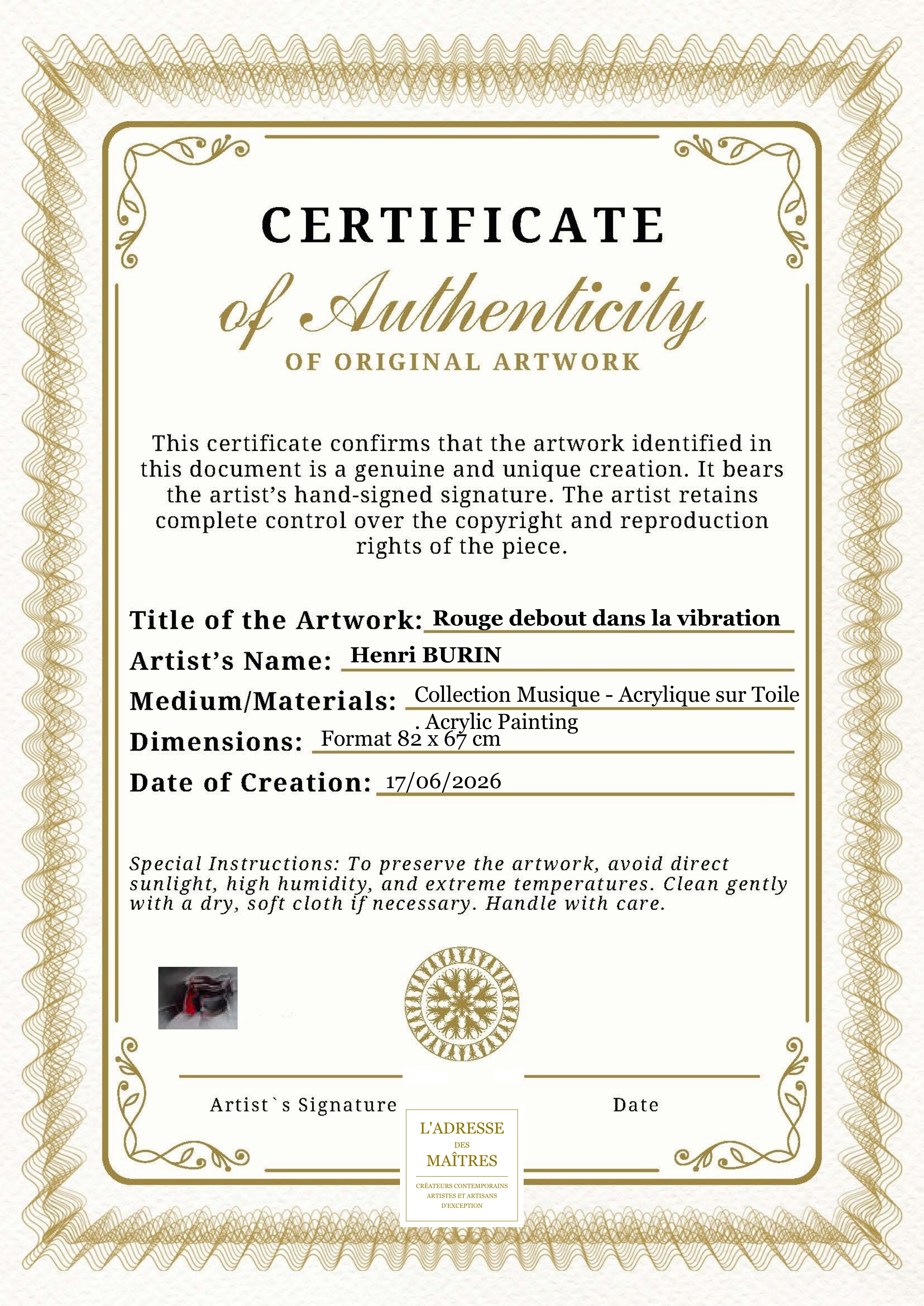 Certificat d'authenticité — Rouge debout dans la vibration — Henri BURIN