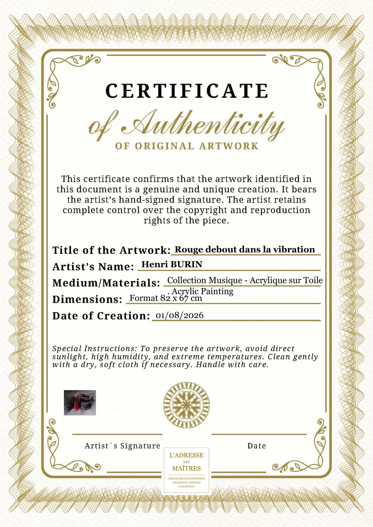 Certificat d'authenticité — Rouge debout dans la vibration — Henri BURIN