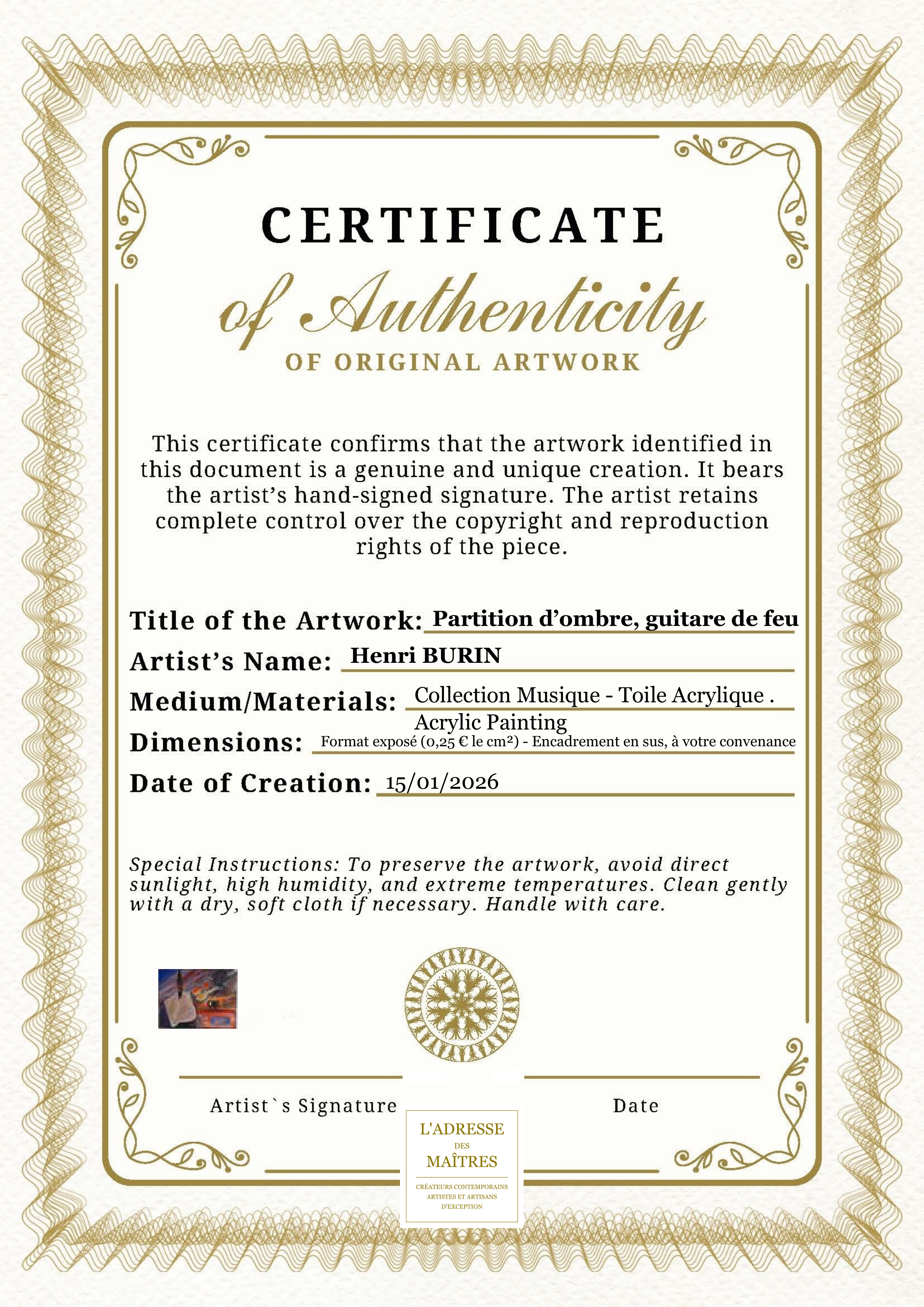Certificat d'authenticité — Partition d’ombre, guitare de feu — Henri BURIN