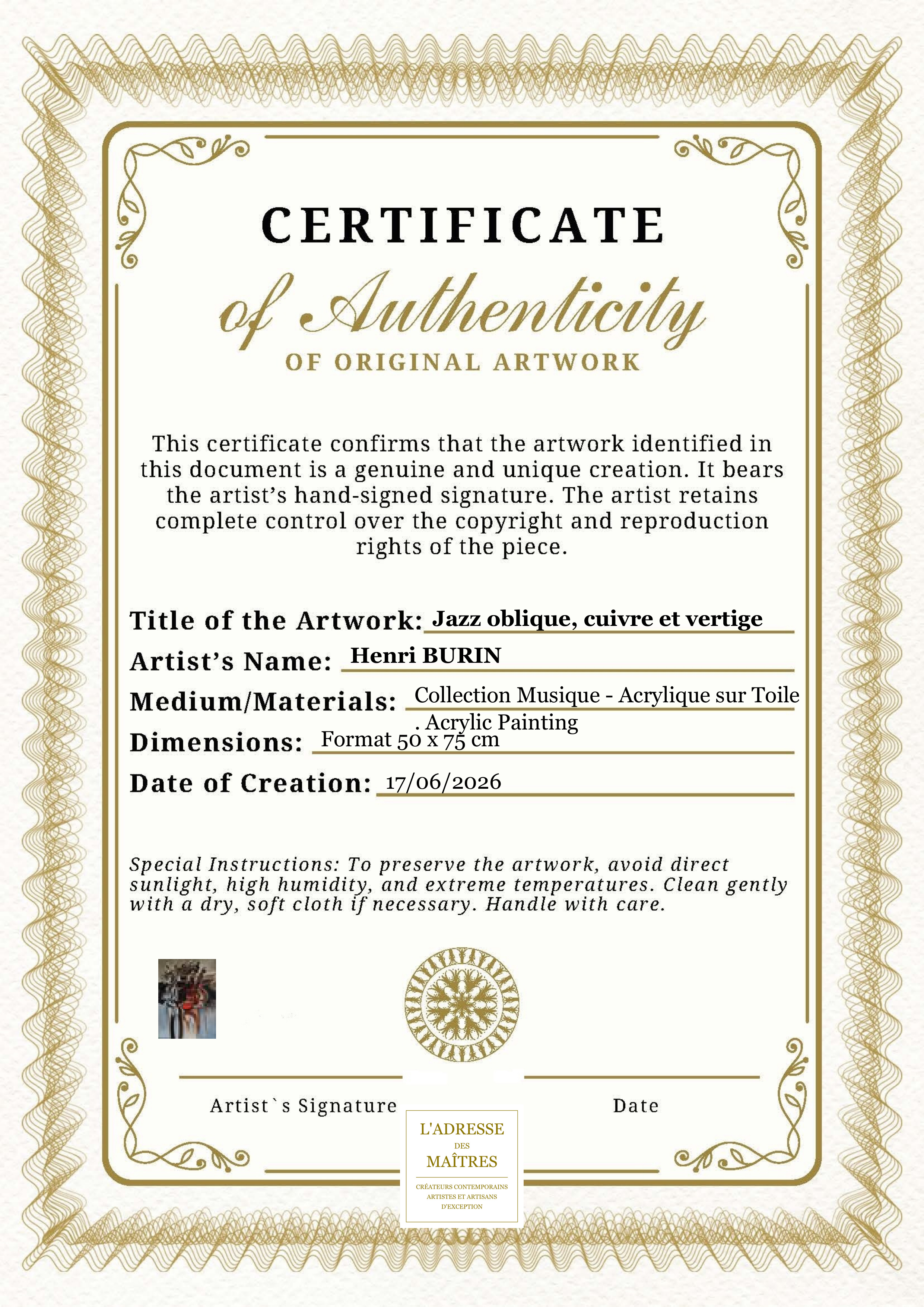 Certificat d'authenticité — Jazz oblique, cuivre et vertige — Henri BURIN