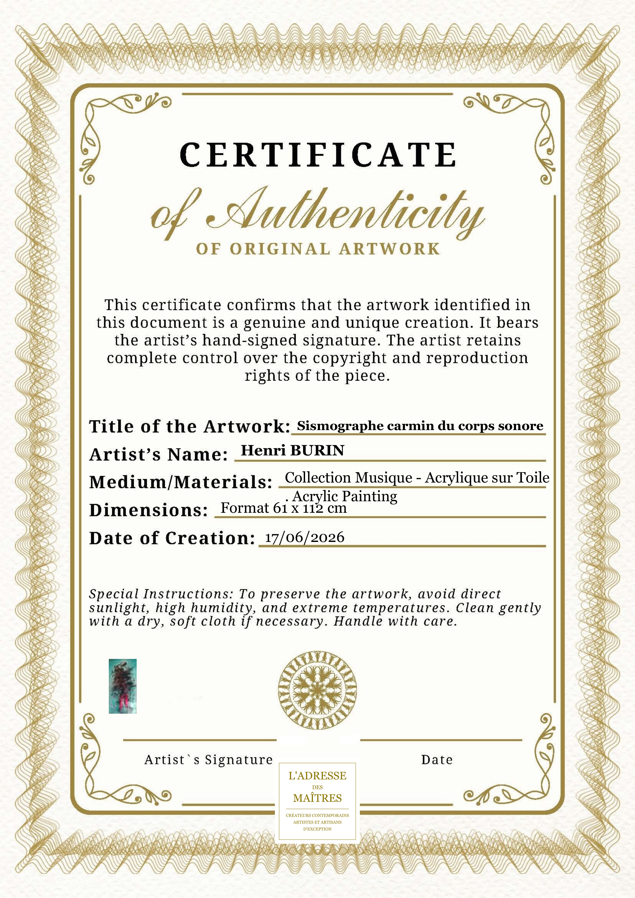 Certificat d'authenticité — Sismographe carmin du corps sonore — Henri BURIN