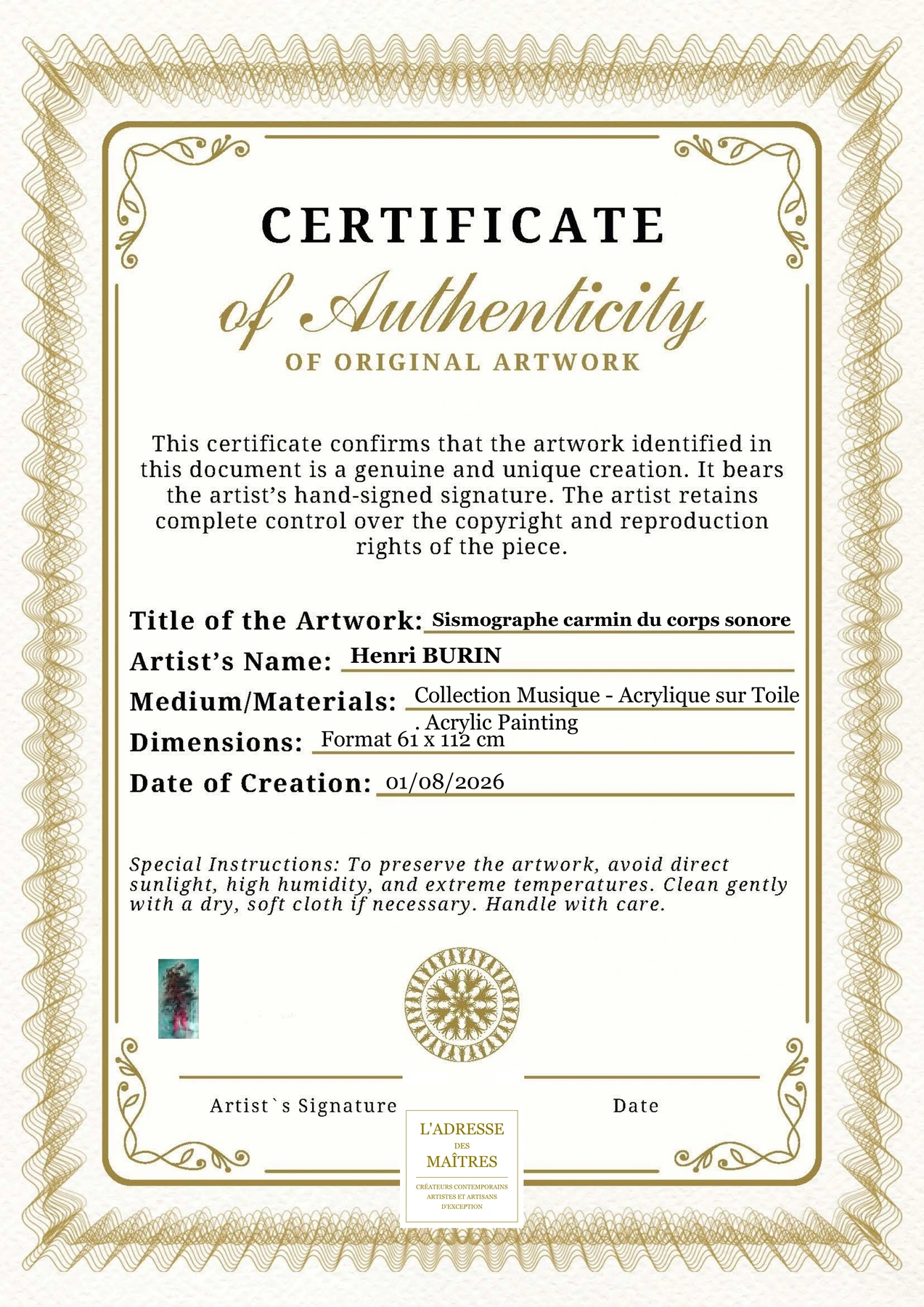 Certificat d'authenticité — Sismographe carmin du corps sonore — Henri BURIN