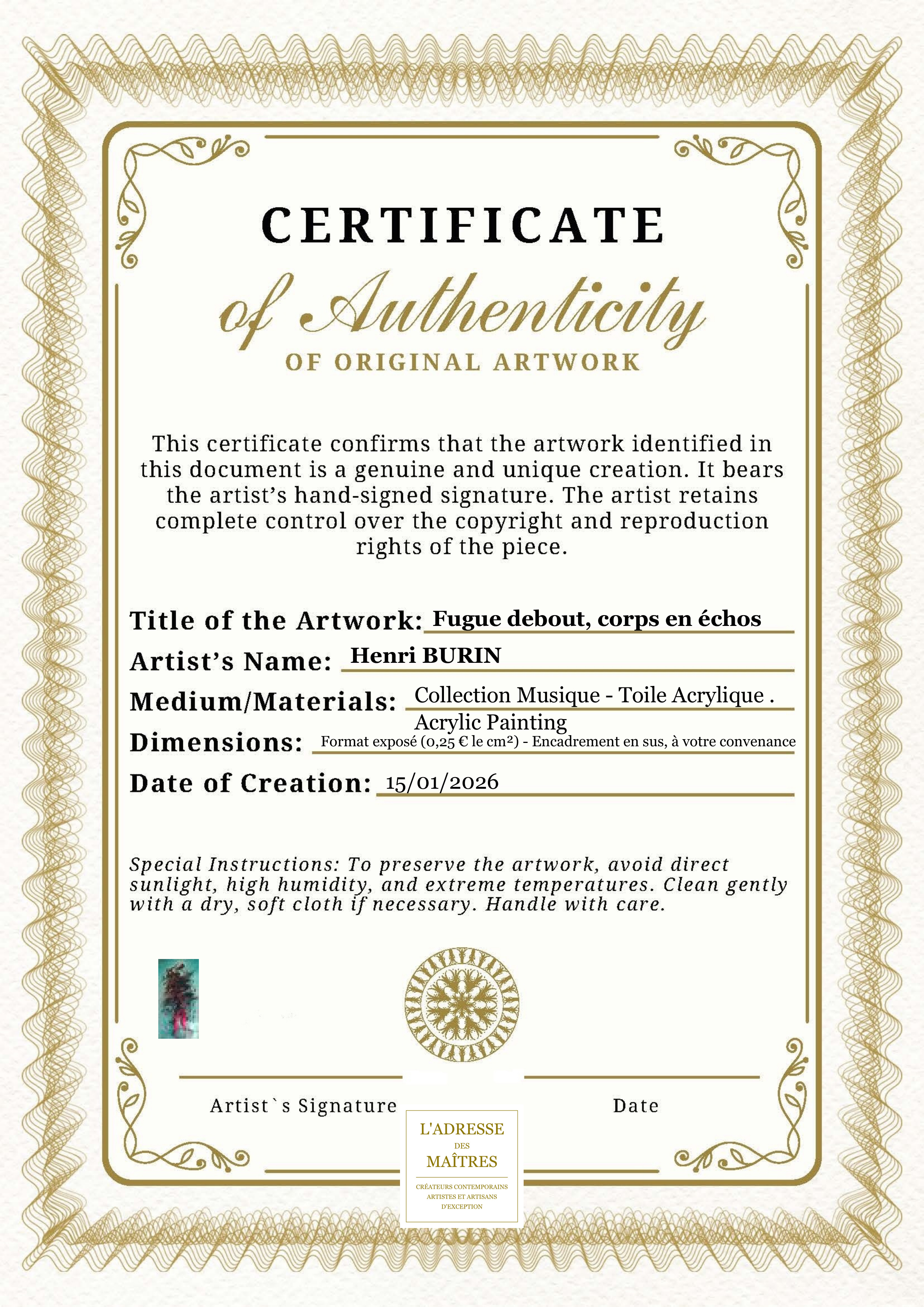 Certificat d'authenticité — Fugue debout, corps en échos — Henri BURIN