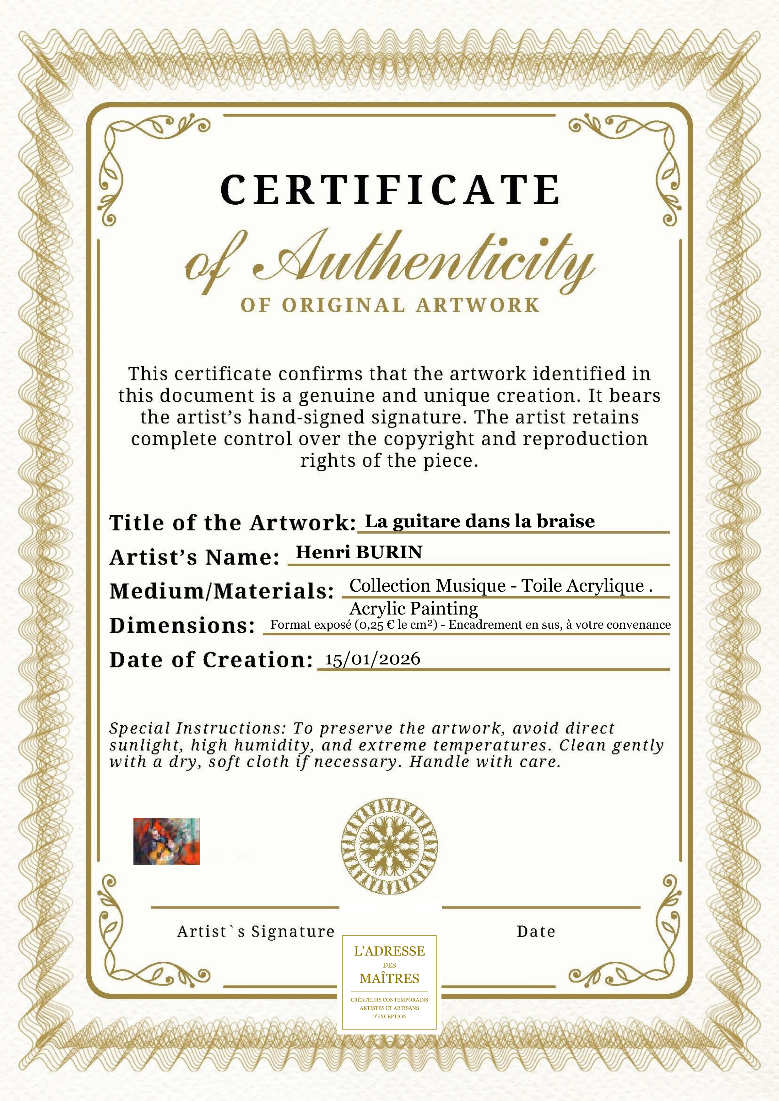 Certificat d'authenticité — La guitare dans la braise — Henri BURIN