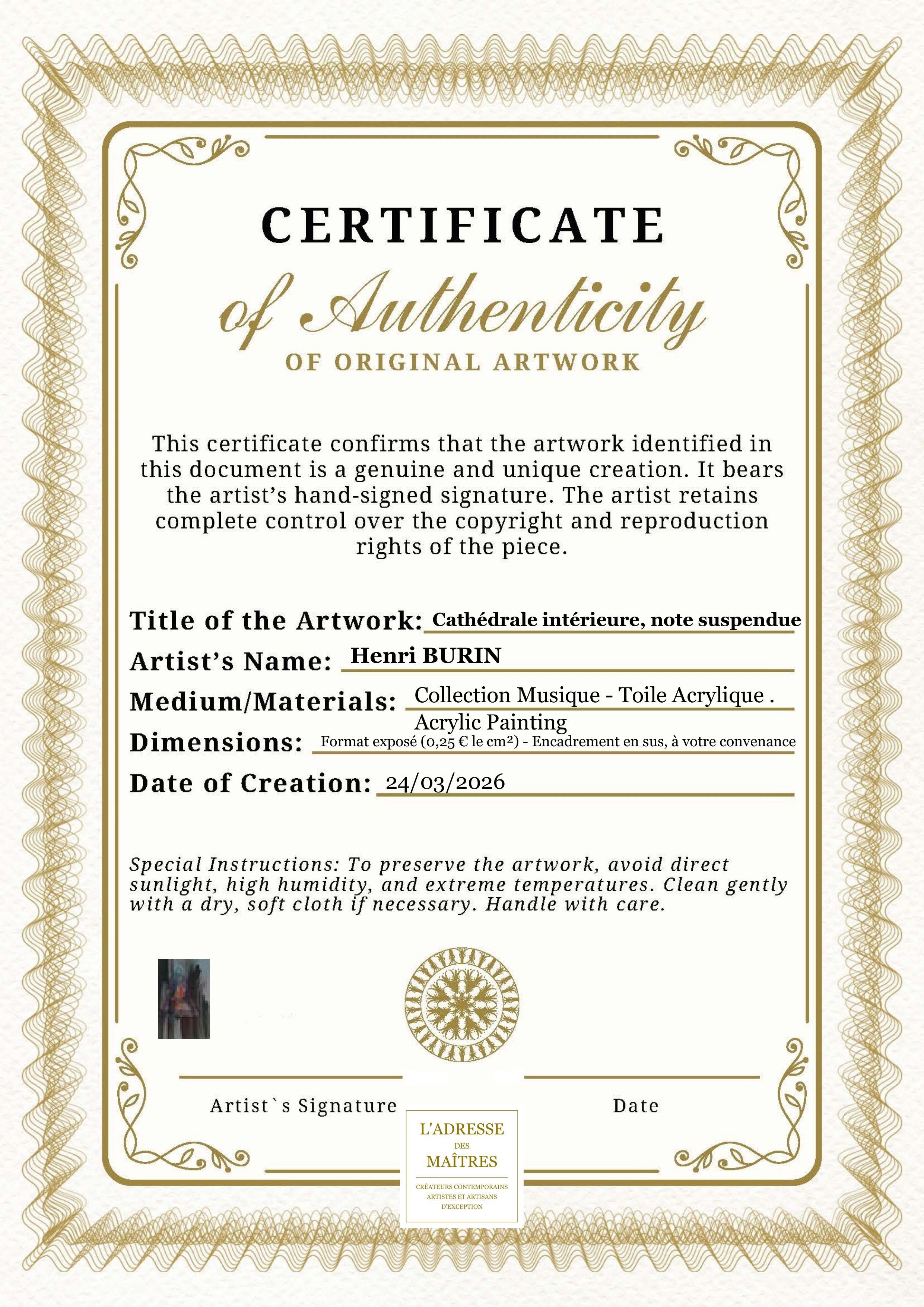 Certificat d'authenticité — Cathédrale intérieure, note suspendue — Henri BURIN