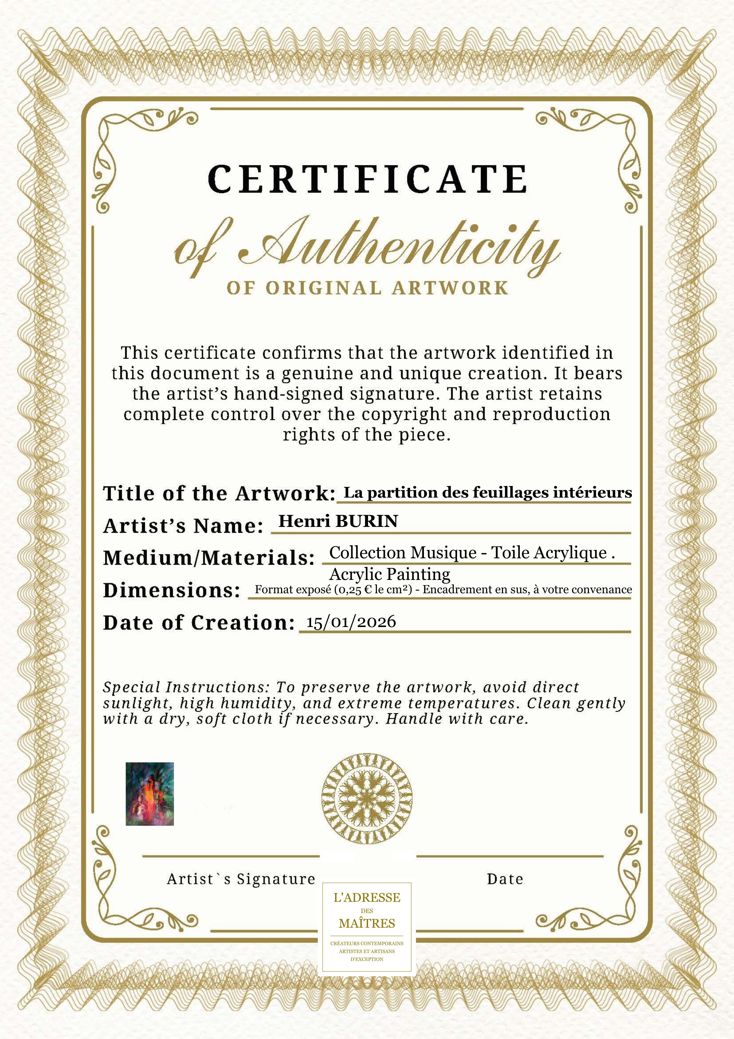 Certificat d'authenticité — La partition des feuillages intérieurs — Henri BURIN