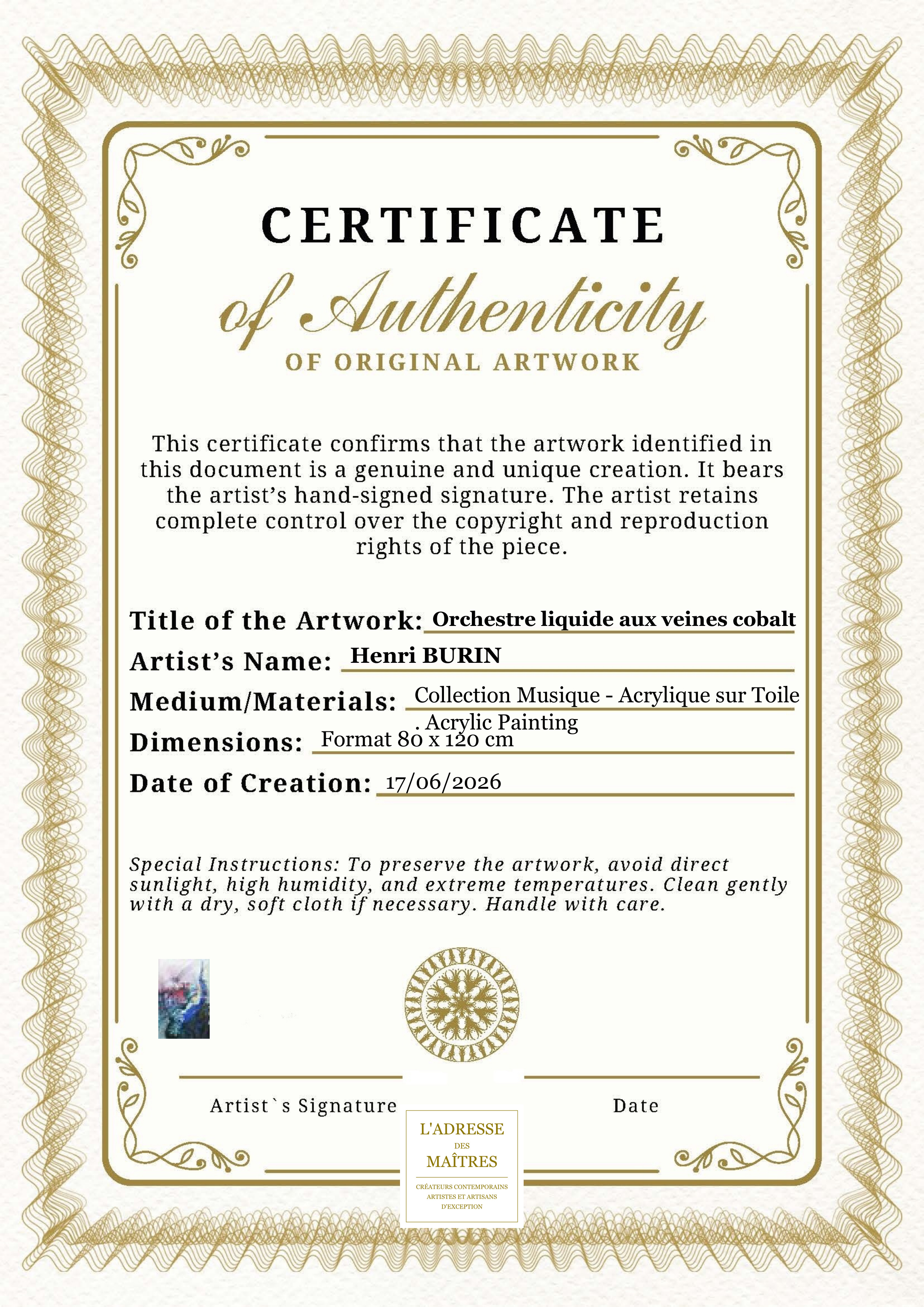 Certificat d'authenticité — Orchestre liquide aux veines cobalt — Henri BURIN