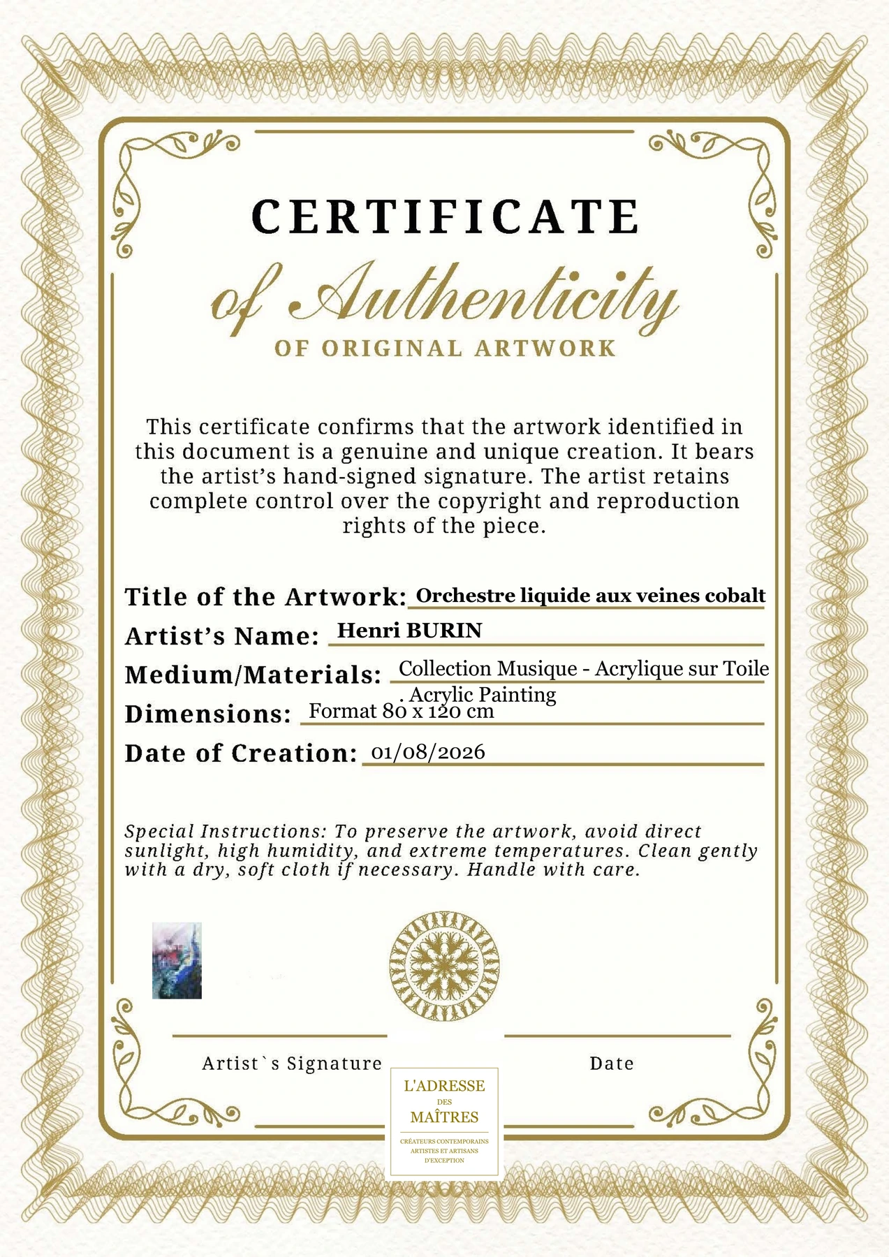 Certificat d'authenticité — Orchestre liquide aux veines cobalt — Henri BURIN