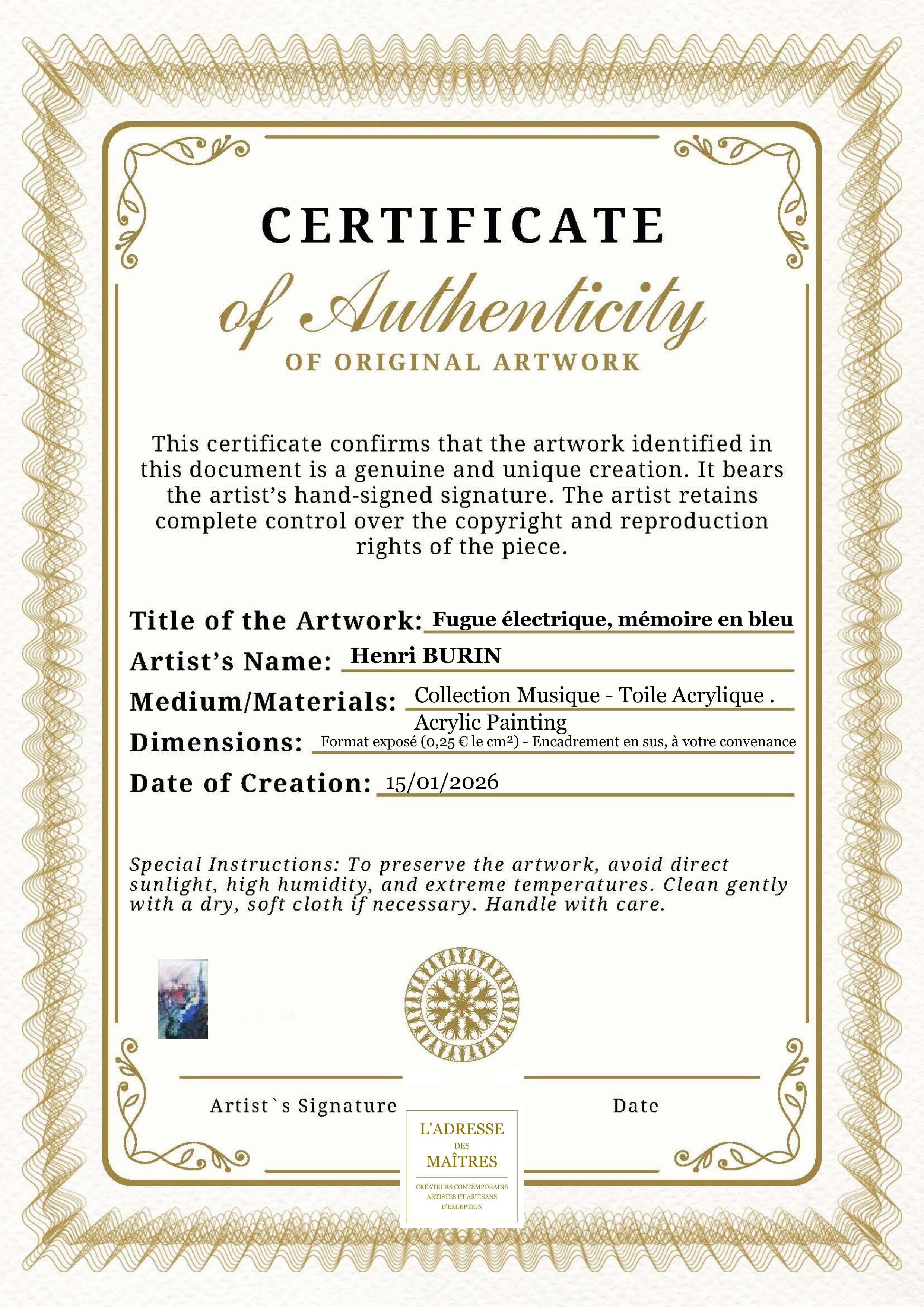 Certificat d'authenticité — Fugue électrique, mémoire en bleu — Henri BURIN