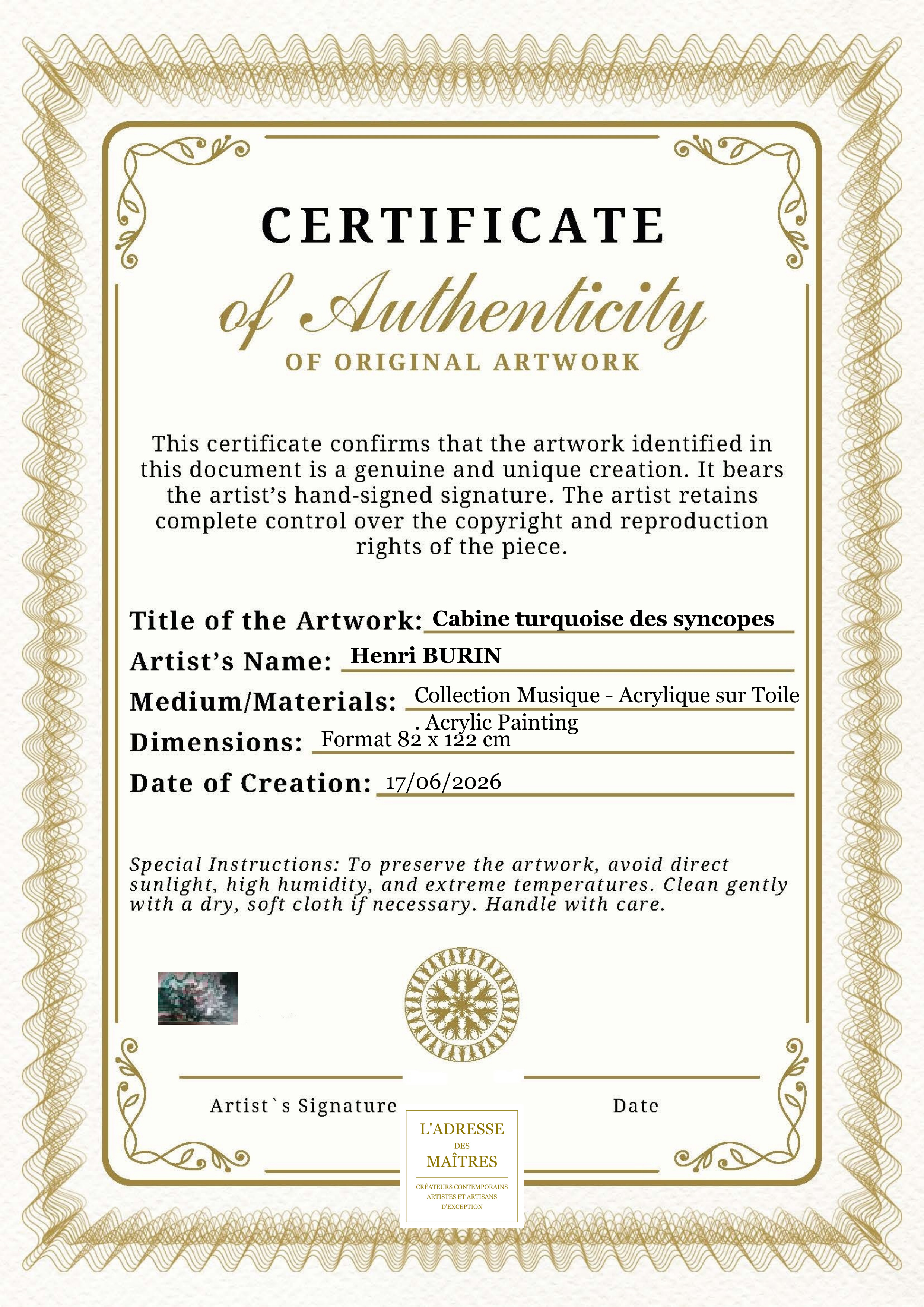 Certificat d'authenticité — Cabine turquoise des syncopes — Henri BURIN