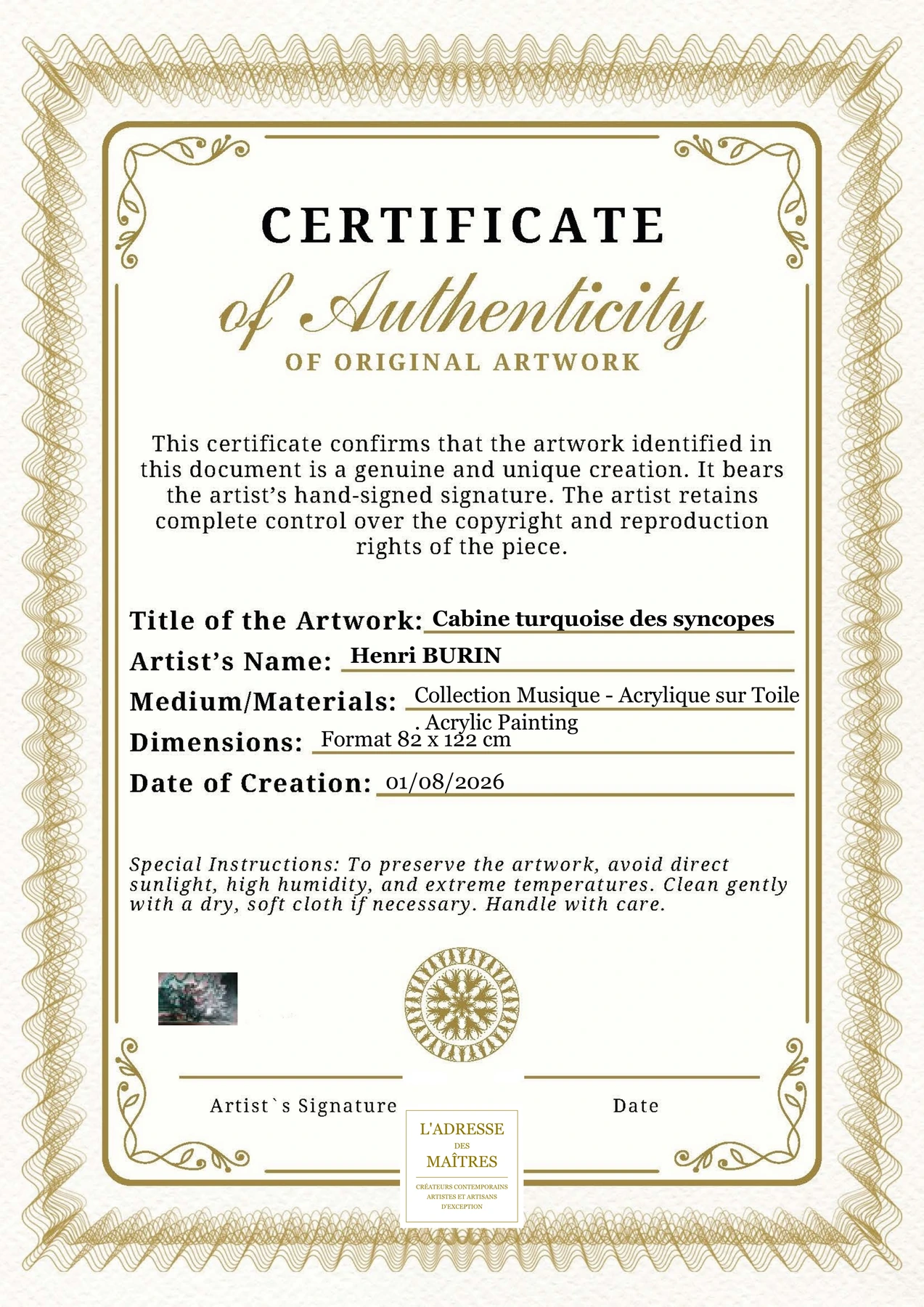 Certificat d'authenticité — Cabine turquoise des syncopes — Henri BURIN