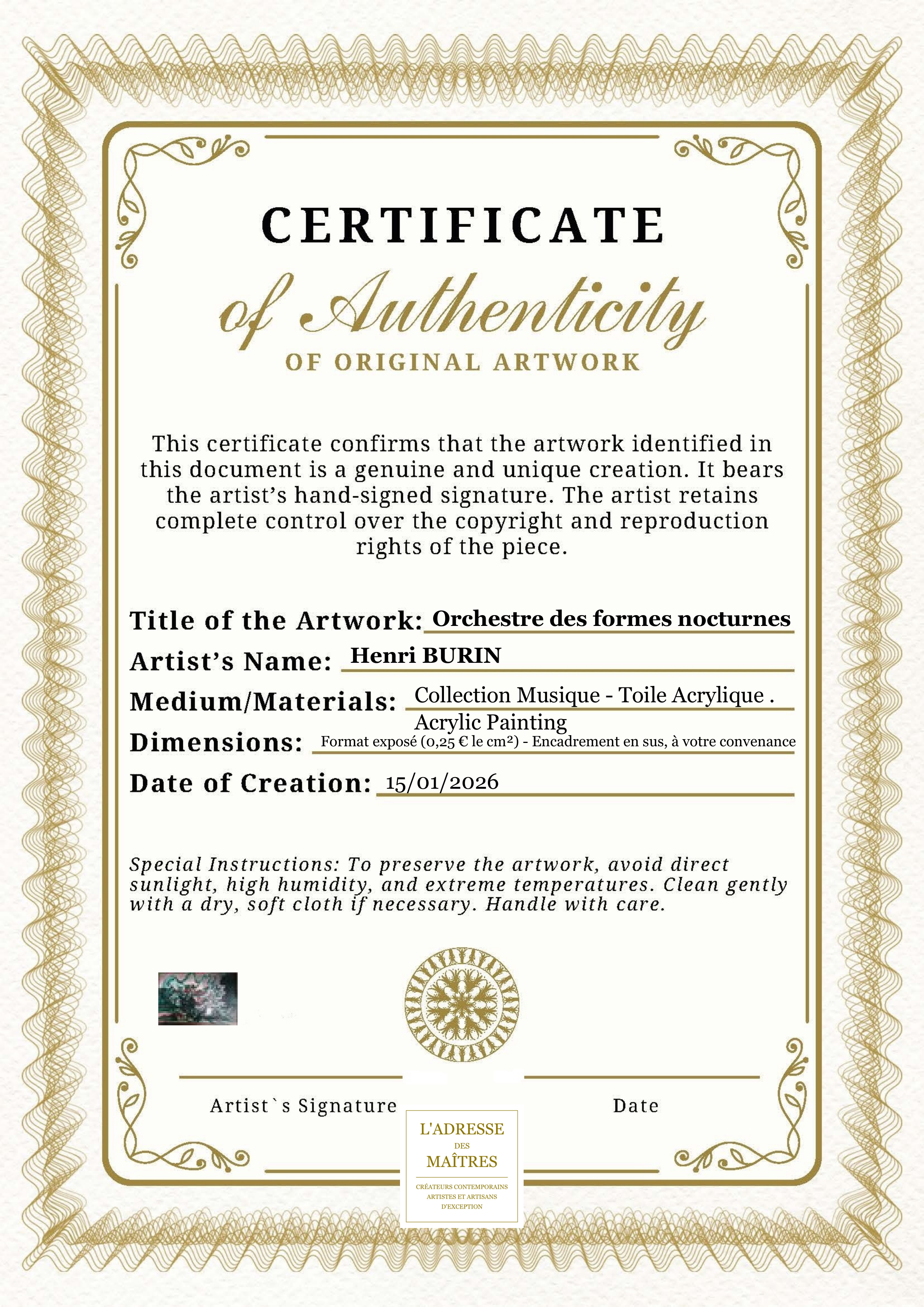 Certificat d'authenticité — Orchestre des formes nocturnes — Henri BURIN