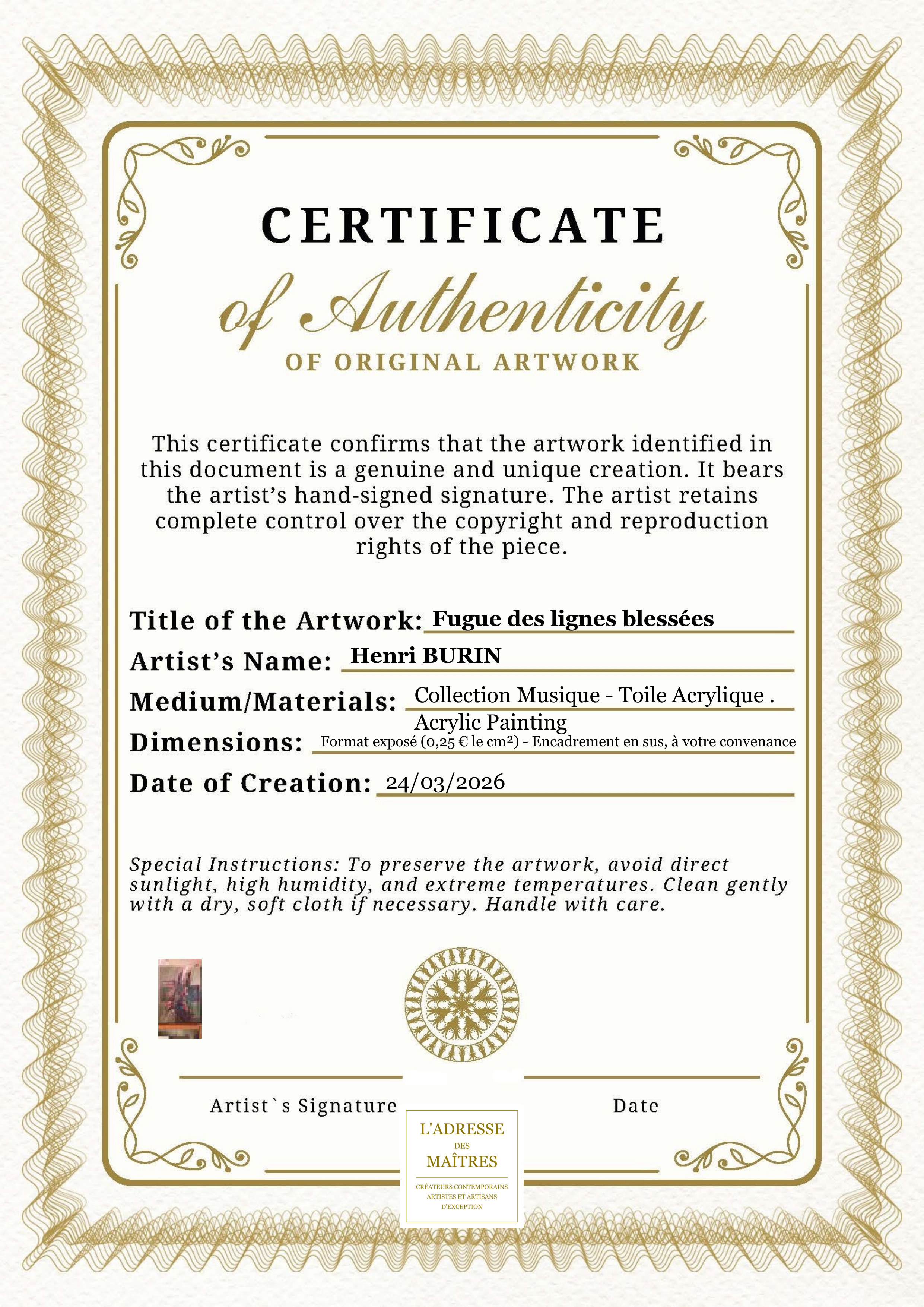 Certificat d'authenticité — Fugue des lignes blessées — Henri BURIN