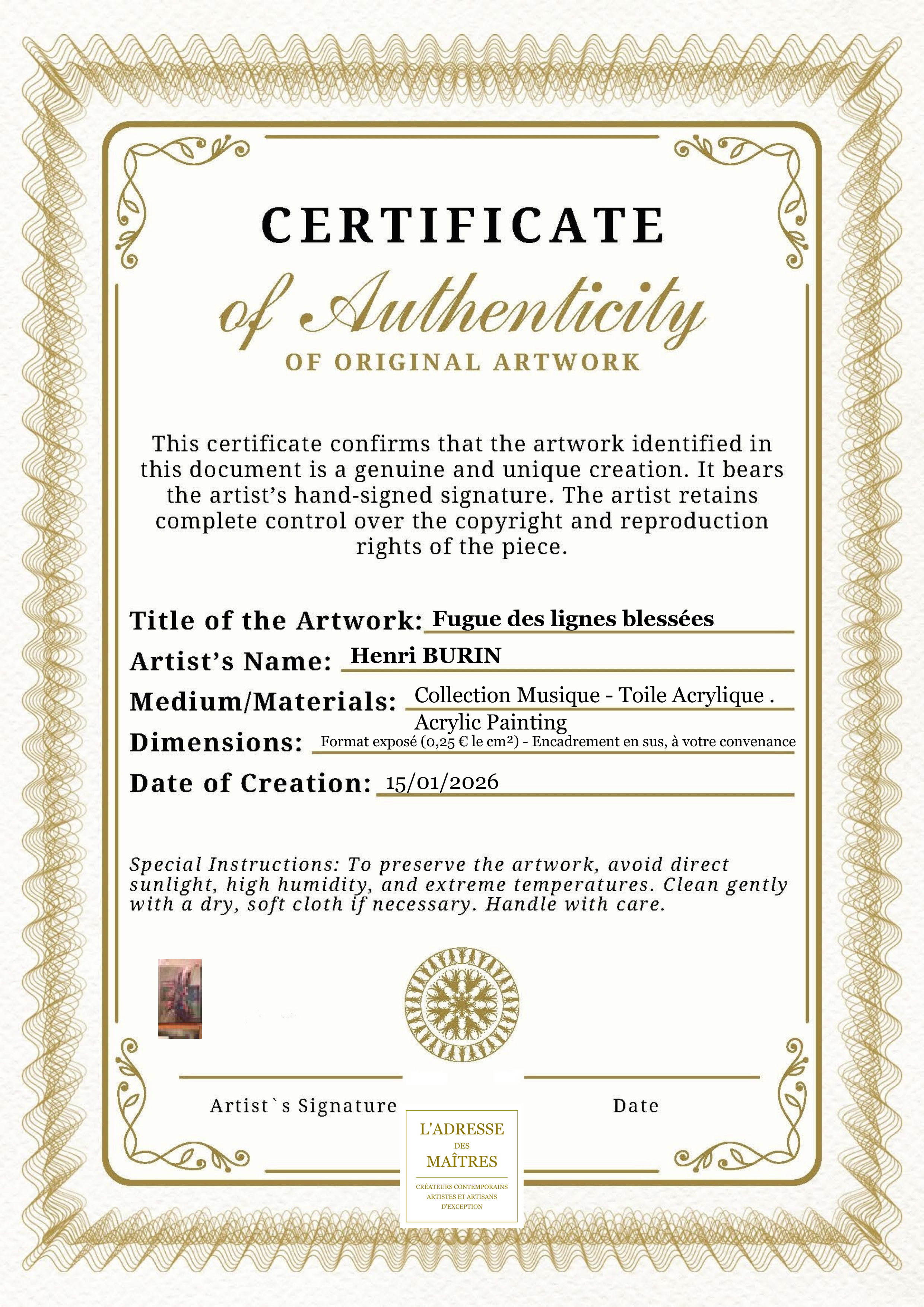 Certificat d'authenticité — Fugue des lignes blessées — Henri BURIN
