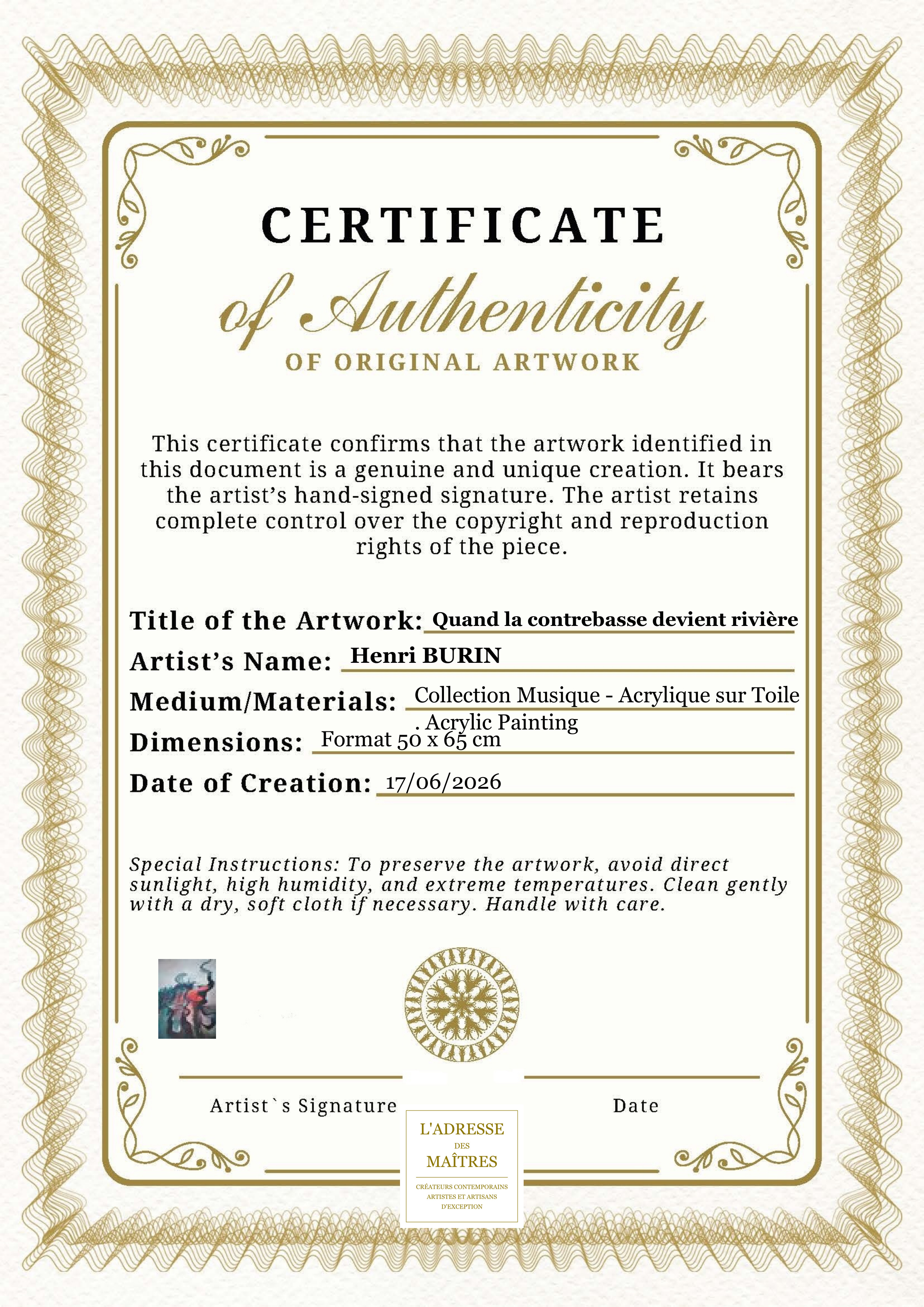 Certificat d'authenticité — Quand la contrebasse devient rivière — Henri BURIN