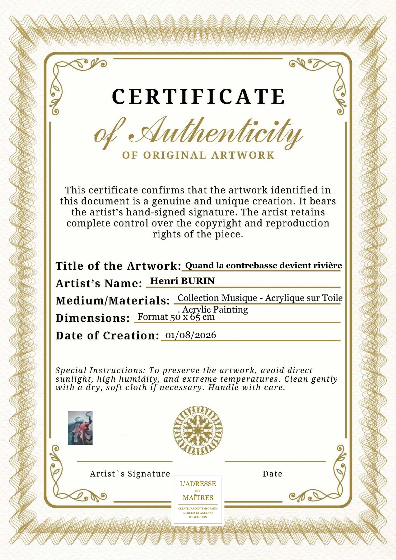 Certificat d'authenticité — Quand la contrebasse devient rivière — Henri BURIN