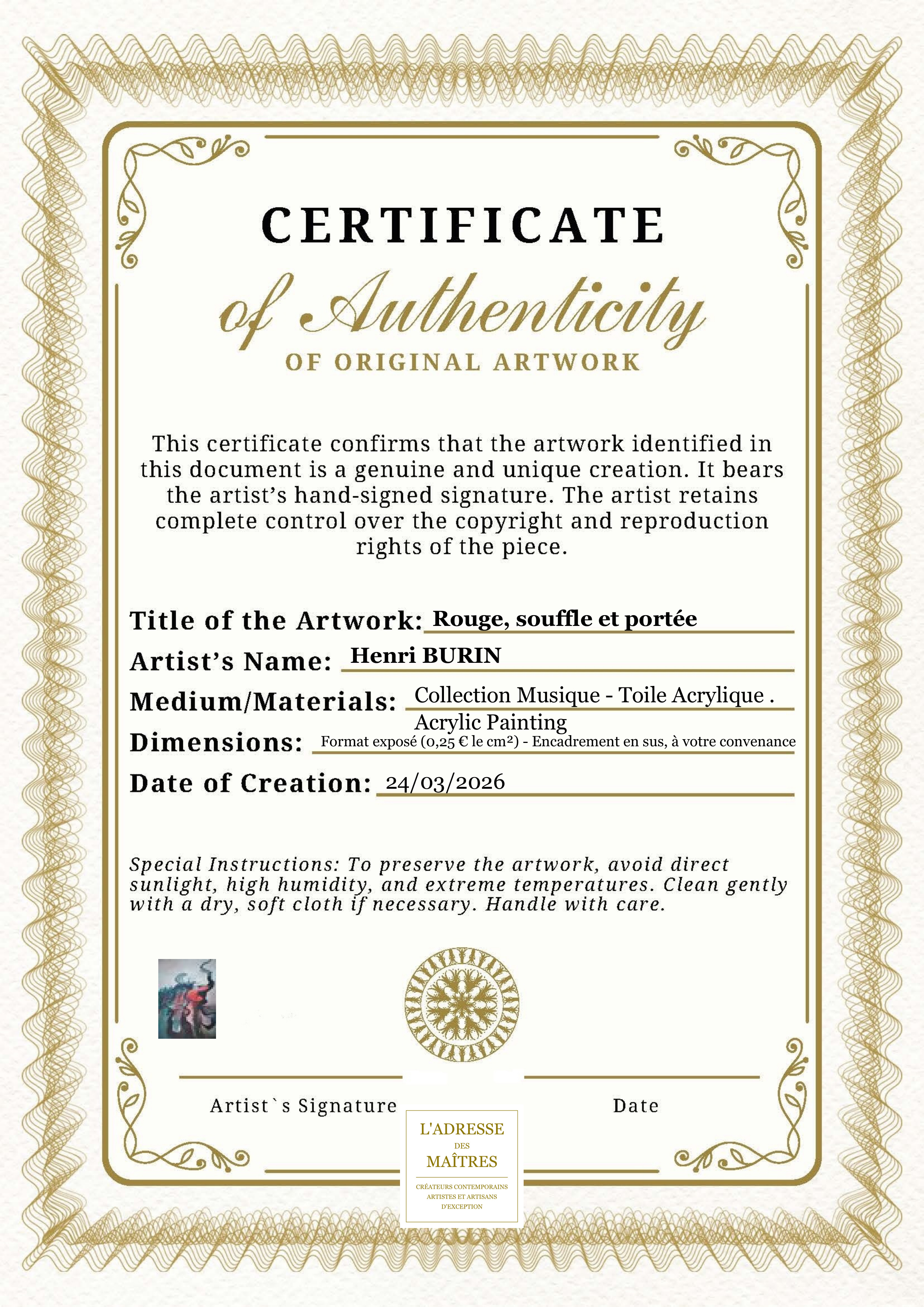 Certificat d'authenticité — Rouge, souffle et portée — Henri BURIN