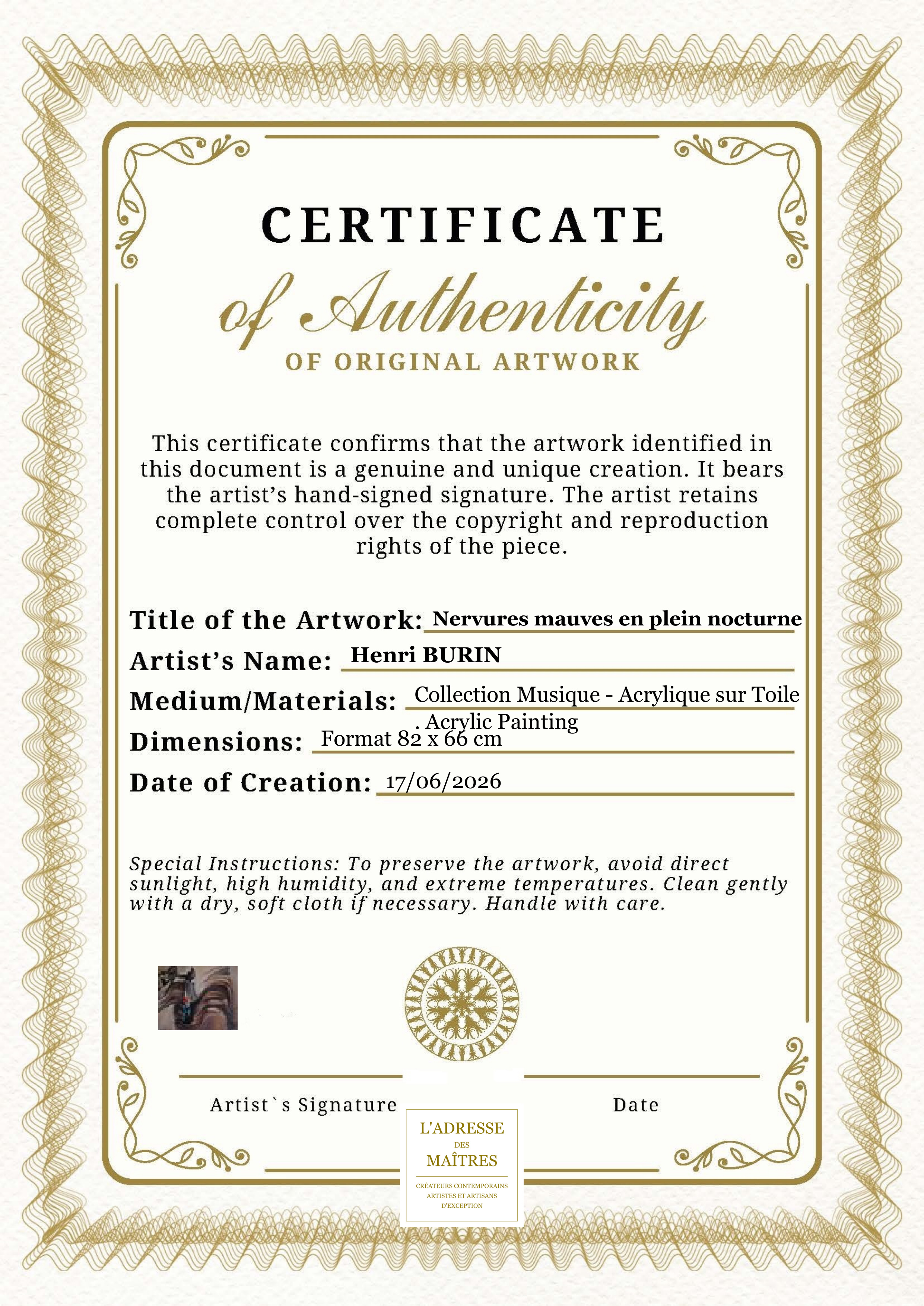 Certificat d'authenticité — Nervures mauves en plein nocturne — Henri BURIN