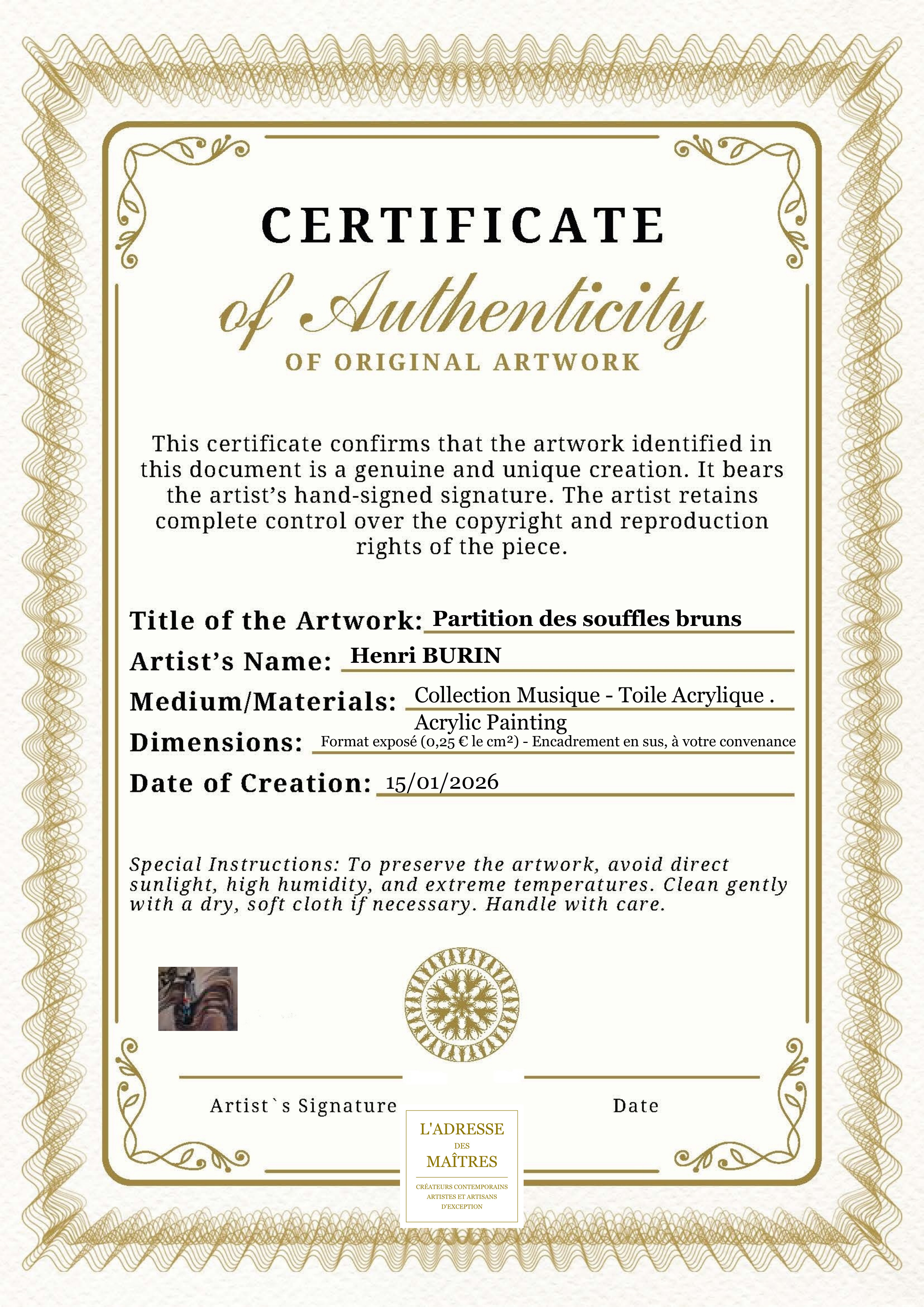 Certificat d'authenticité — Partition des souffles bruns — Henri BURIN