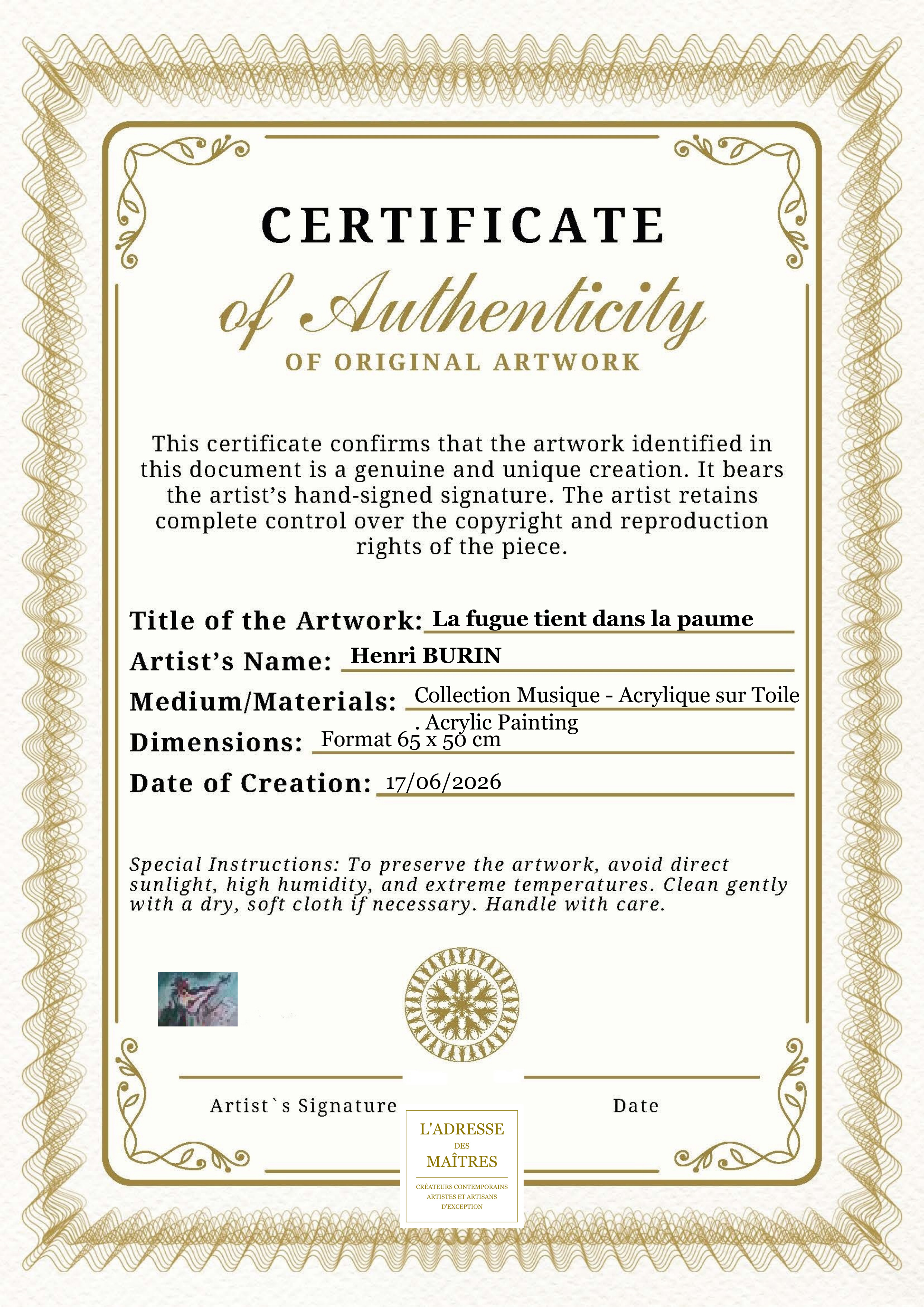 Certificat d'authenticité — La fugue tient dans la paume — Henri BURIN