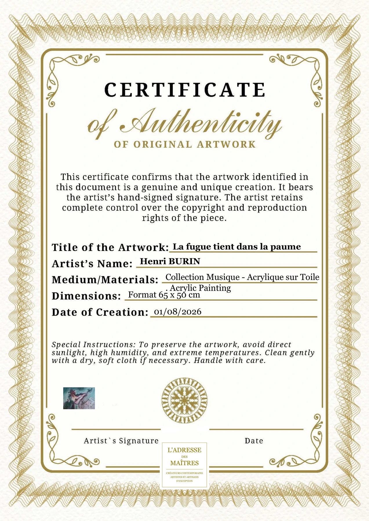 Certificat d'authenticité — La fugue tient dans la paume — Henri BURIN