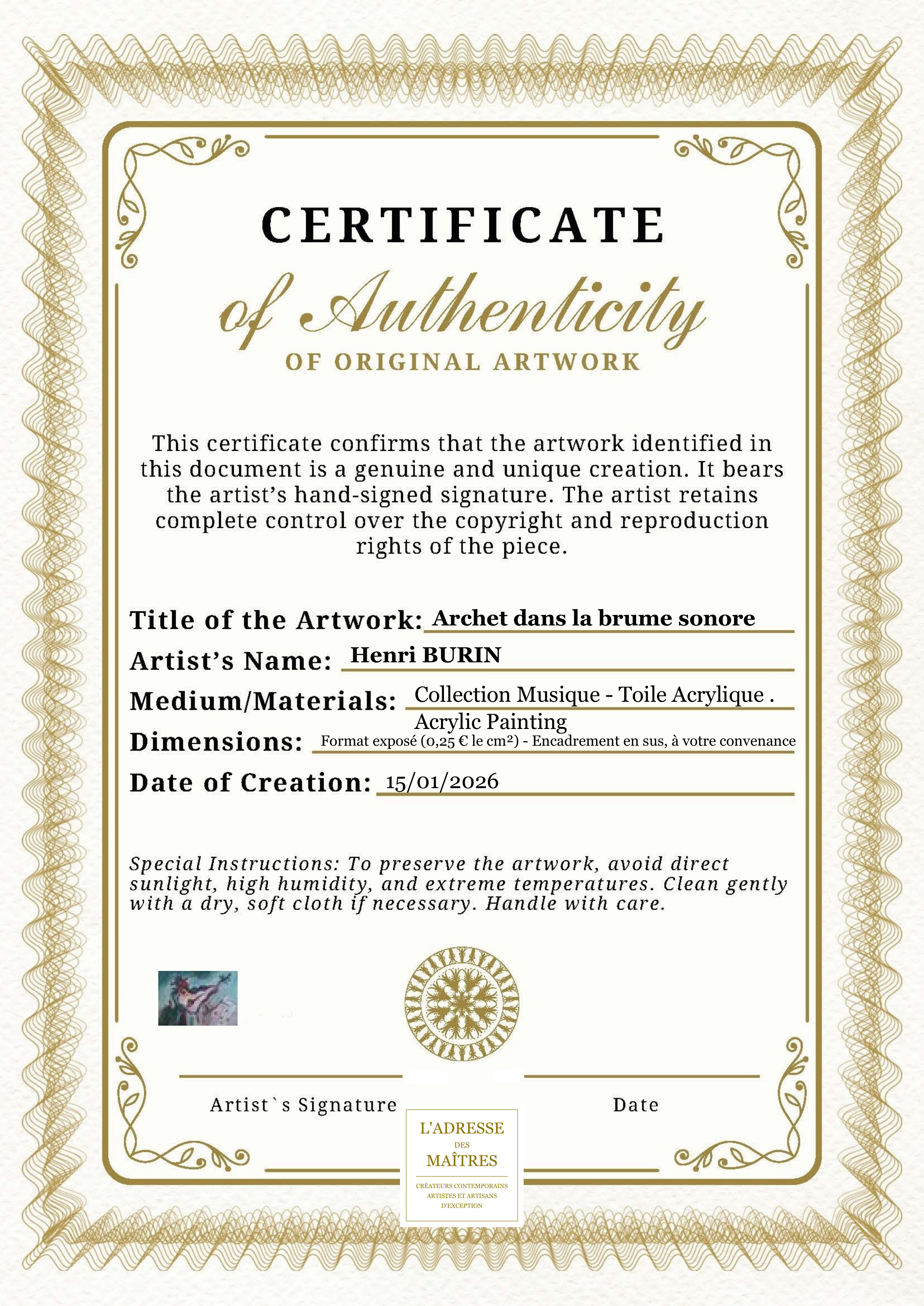 Certificat d'authenticité — Archet dans la brume sonore — Henri BURIN