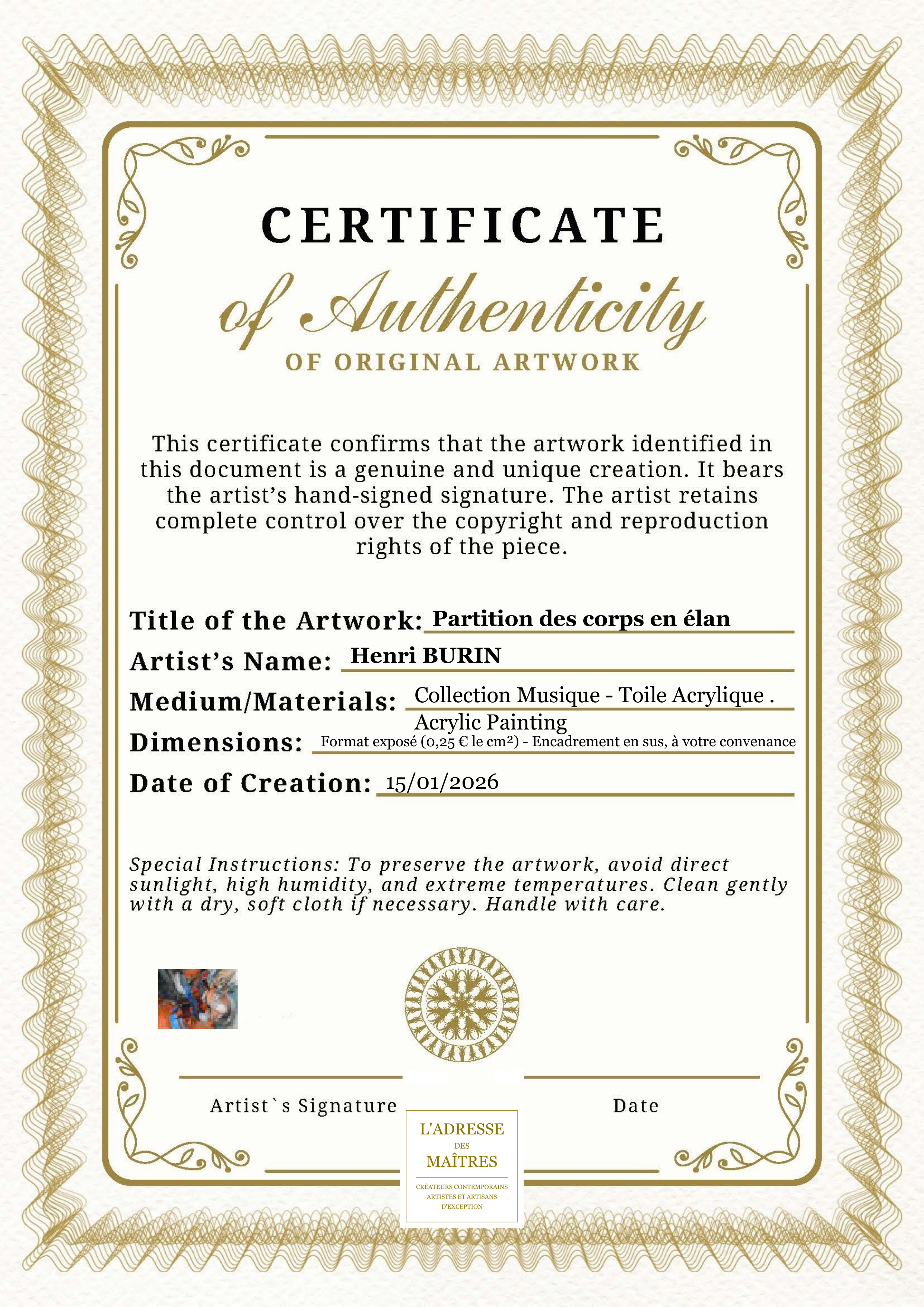Certificat d'authenticité — Partition des corps en élan — Henri BURIN