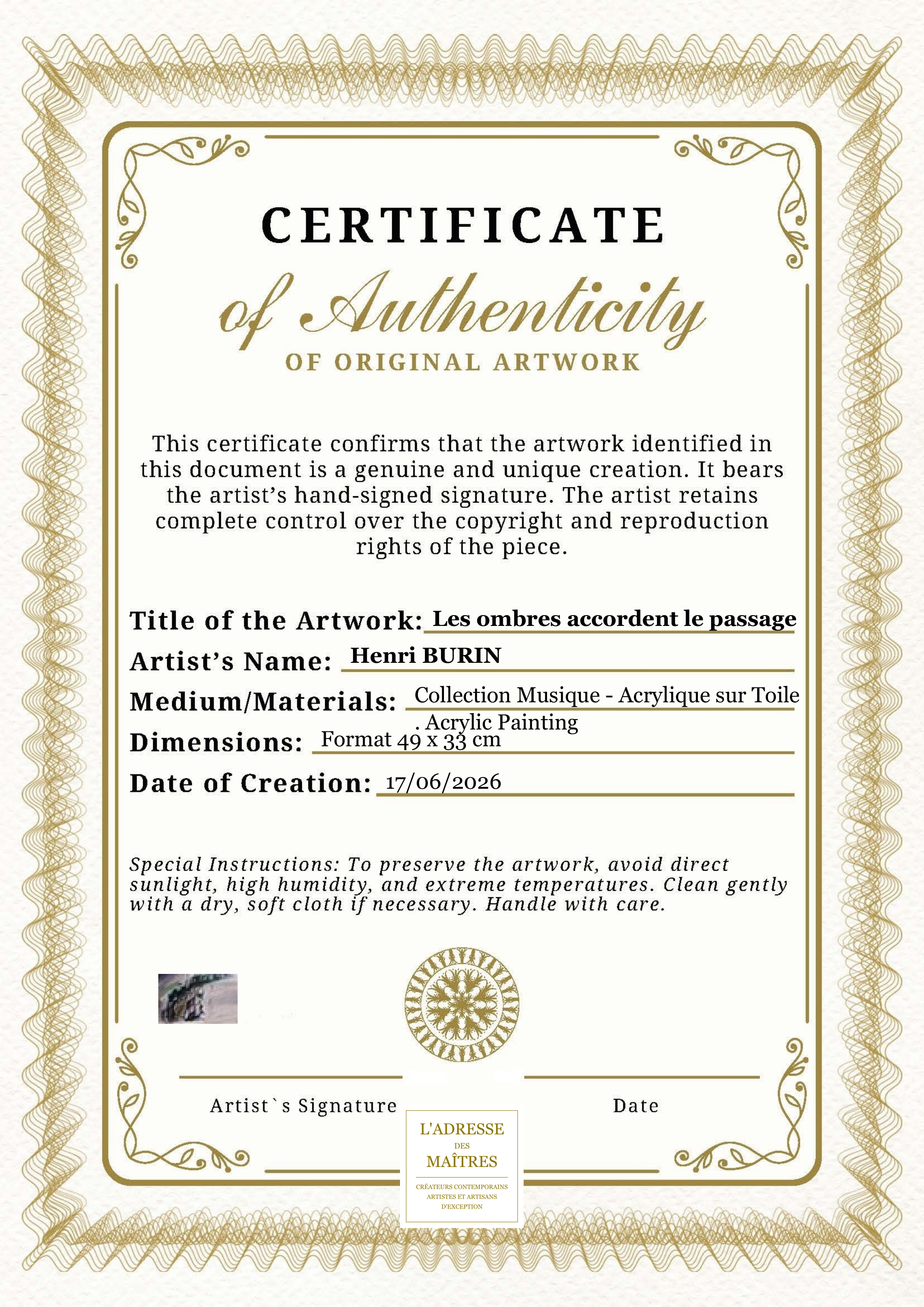 Certificat d'authenticité — Les ombres accordent le passage — Henri BURIN