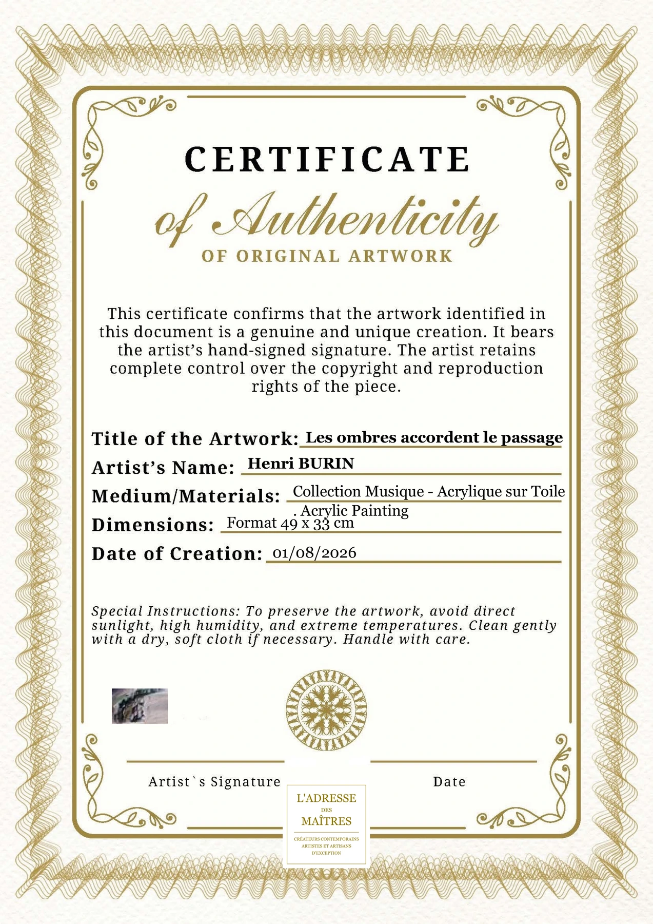 Certificat d'authenticité — Les ombres accordent le passage — Henri BURIN