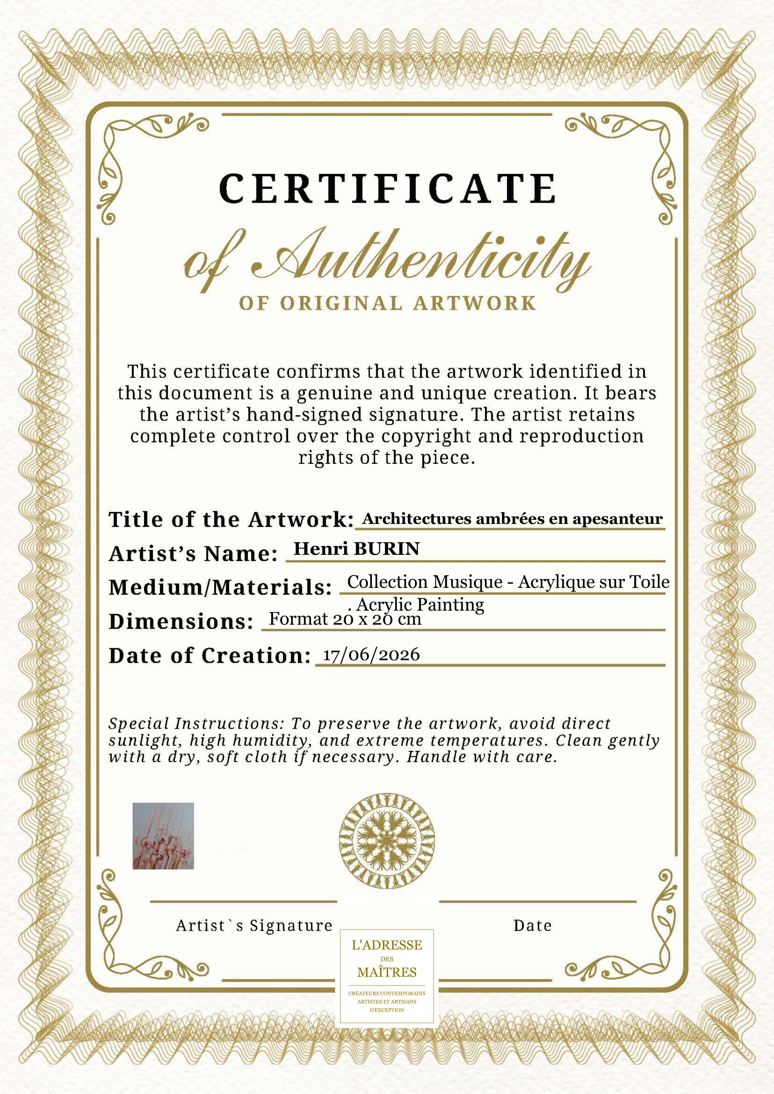 Certificat d'authenticité — Architectures ambrées en apesanteur — Henri BURIN