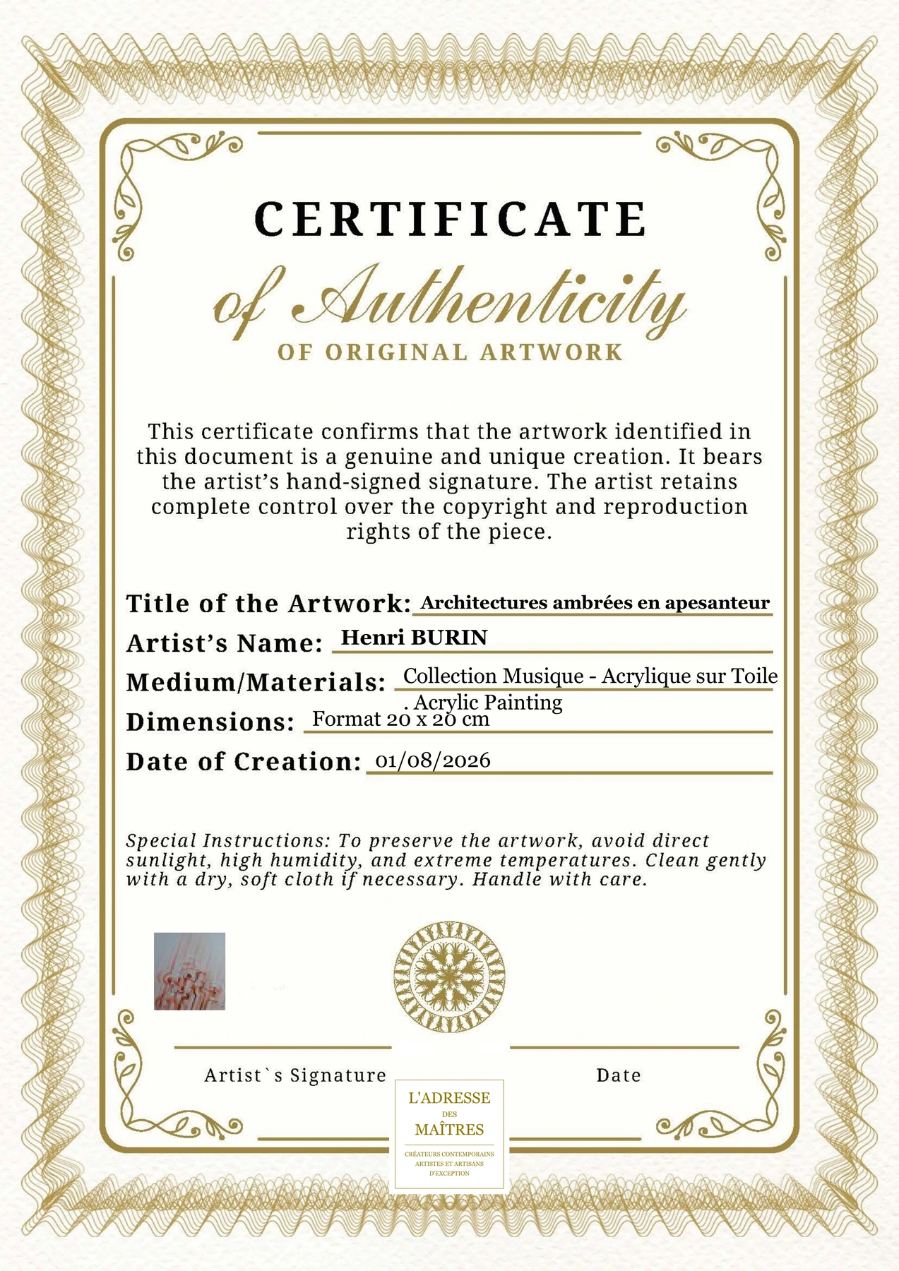 Certificat d'authenticité — Architectures ambrées en apesanteur — Henri BURIN