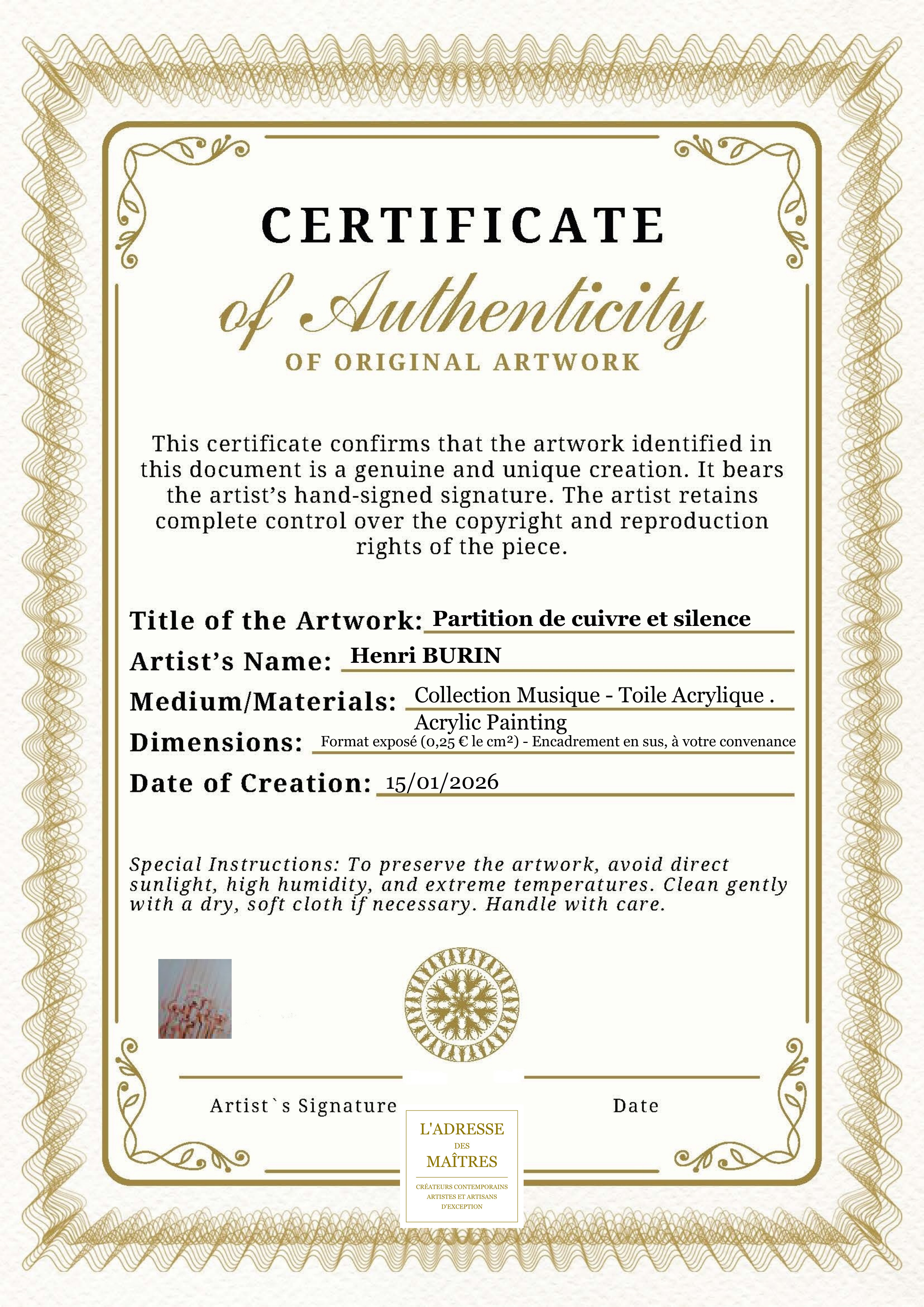 Certificat d'authenticité — Partition de cuivre et silence — Henri BURIN