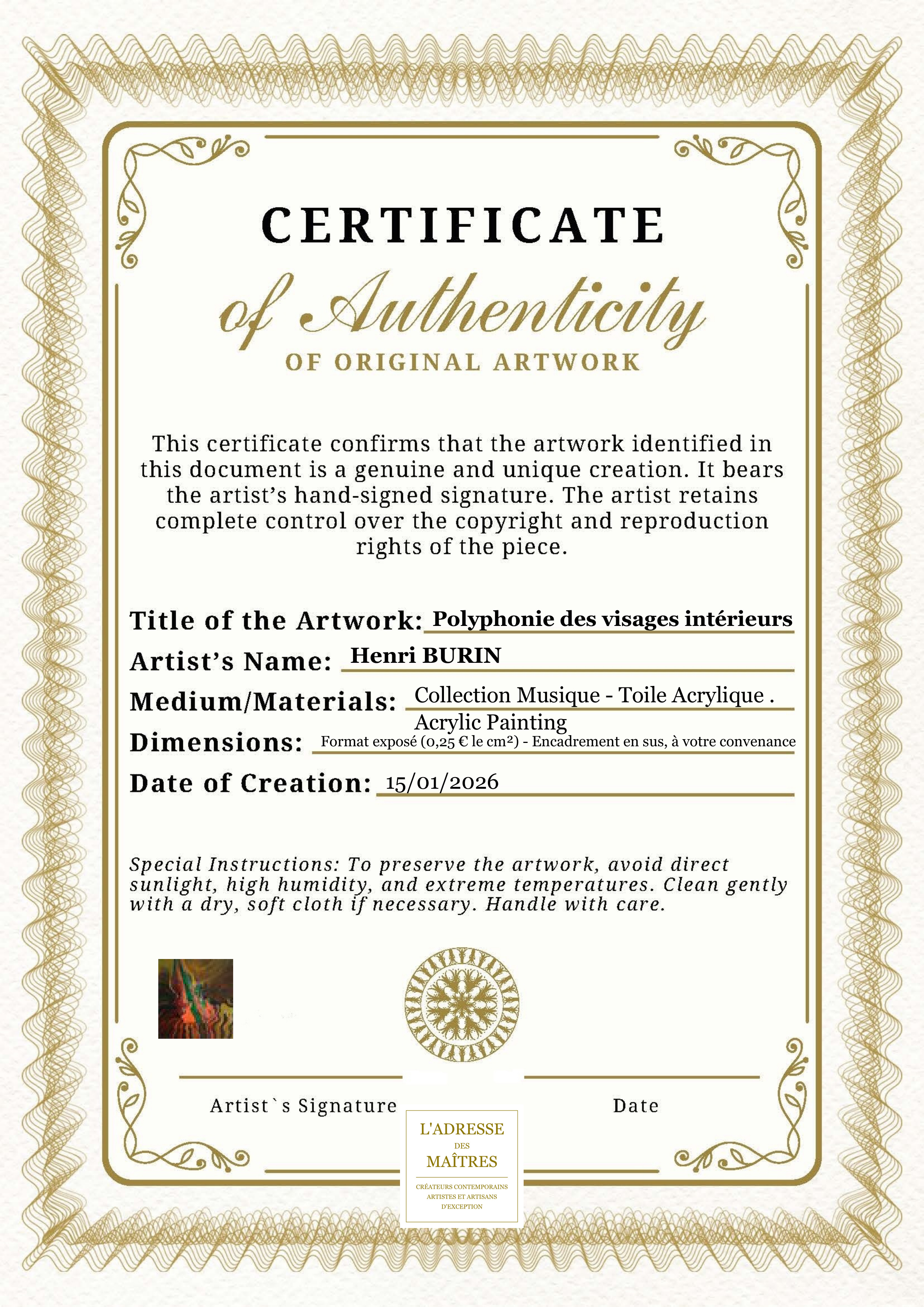 Certificat d'authenticité — Polyphonie des visages intérieurs — Henri BURIN