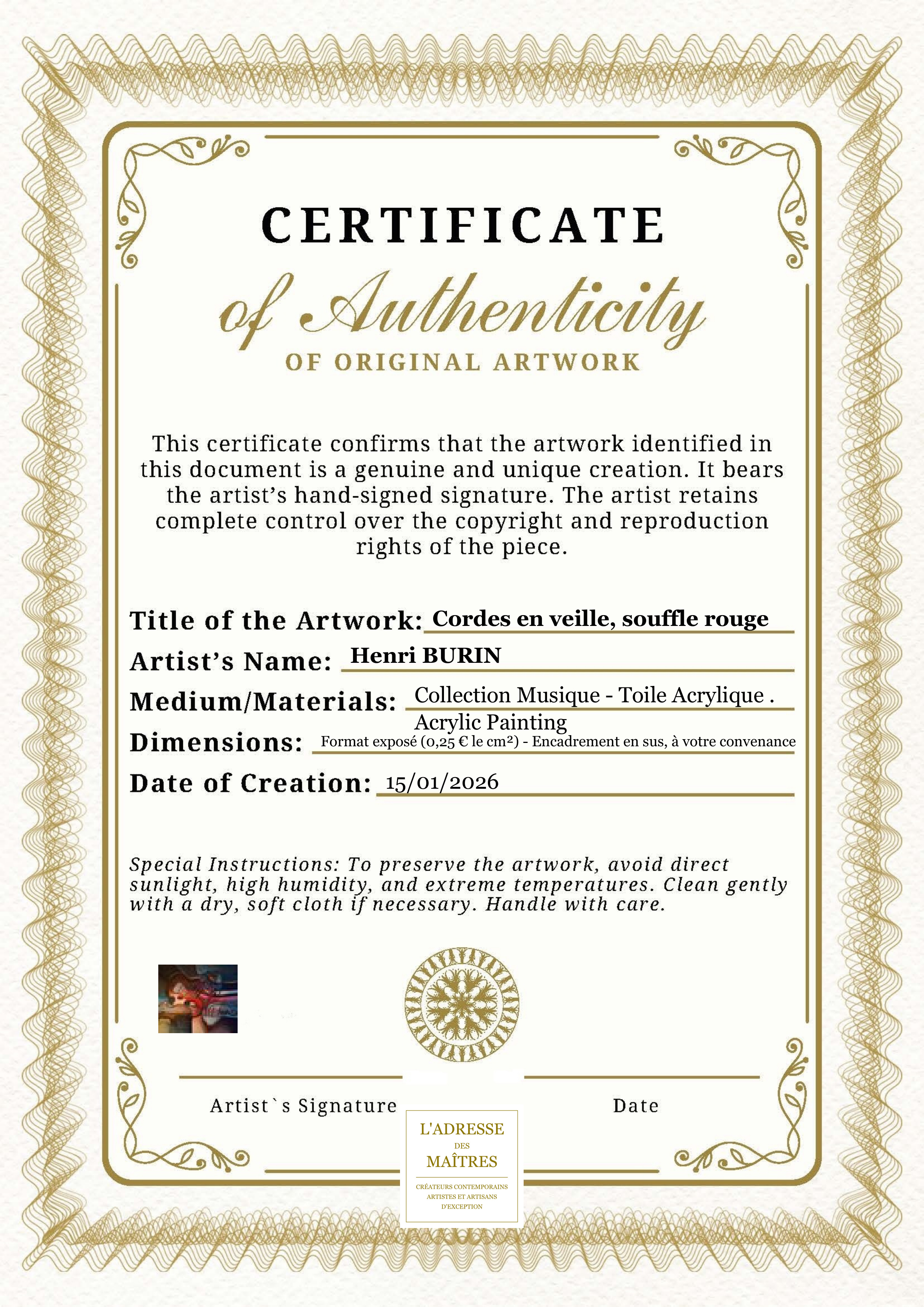 Certificat d'authenticité — Cordes en veille, souffle rouge — Henri BURIN