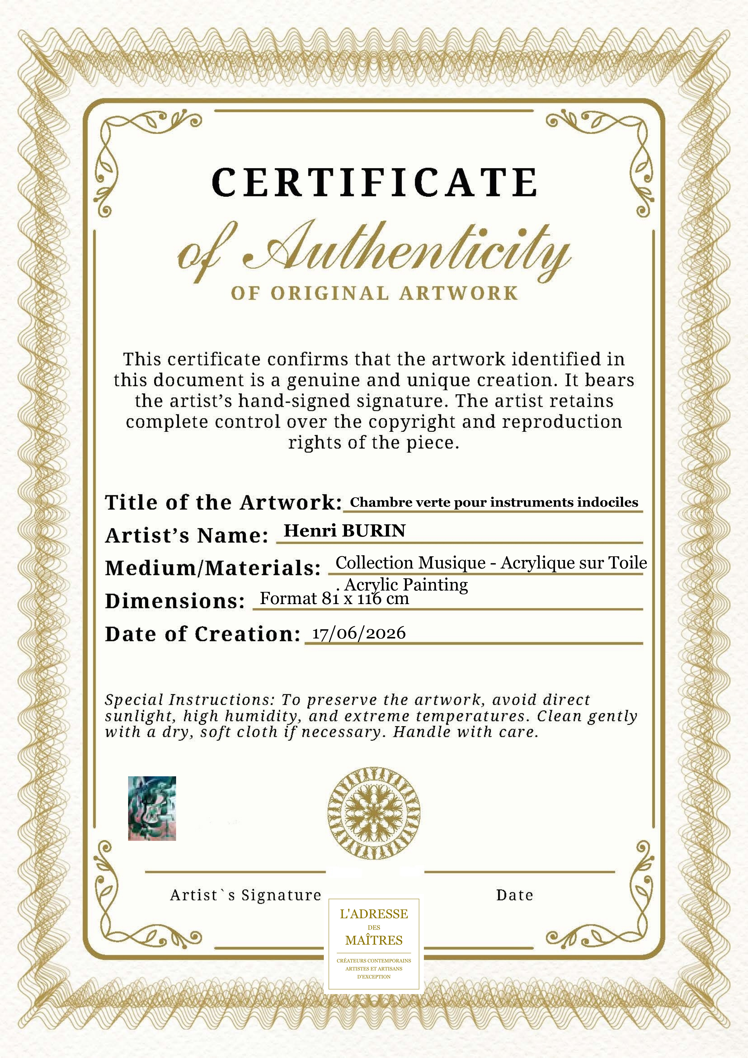 Certificat d'authenticité — Chambre verte pour instruments indociles — Henri BURIN