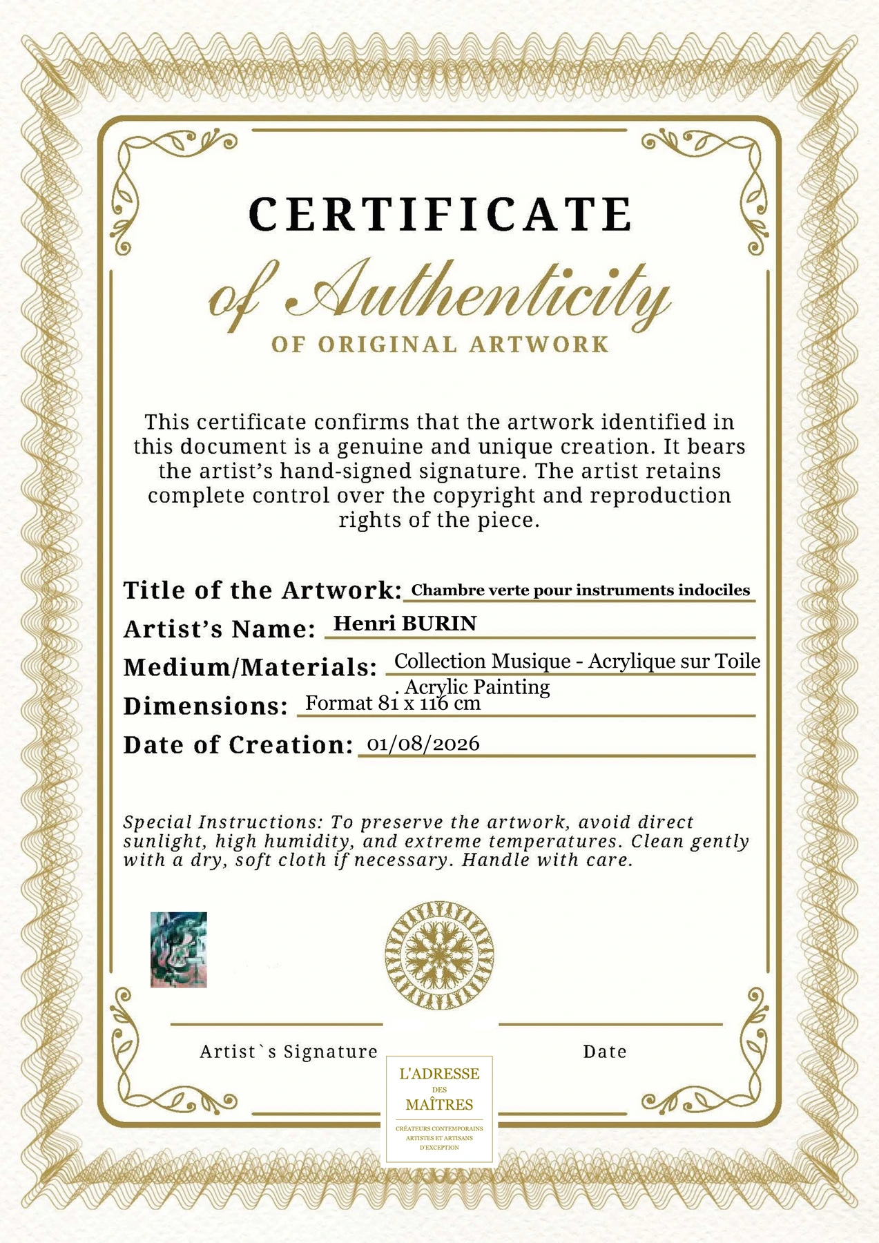 Certificat d'authenticité — Chambre verte pour instruments indociles — Henri BURIN