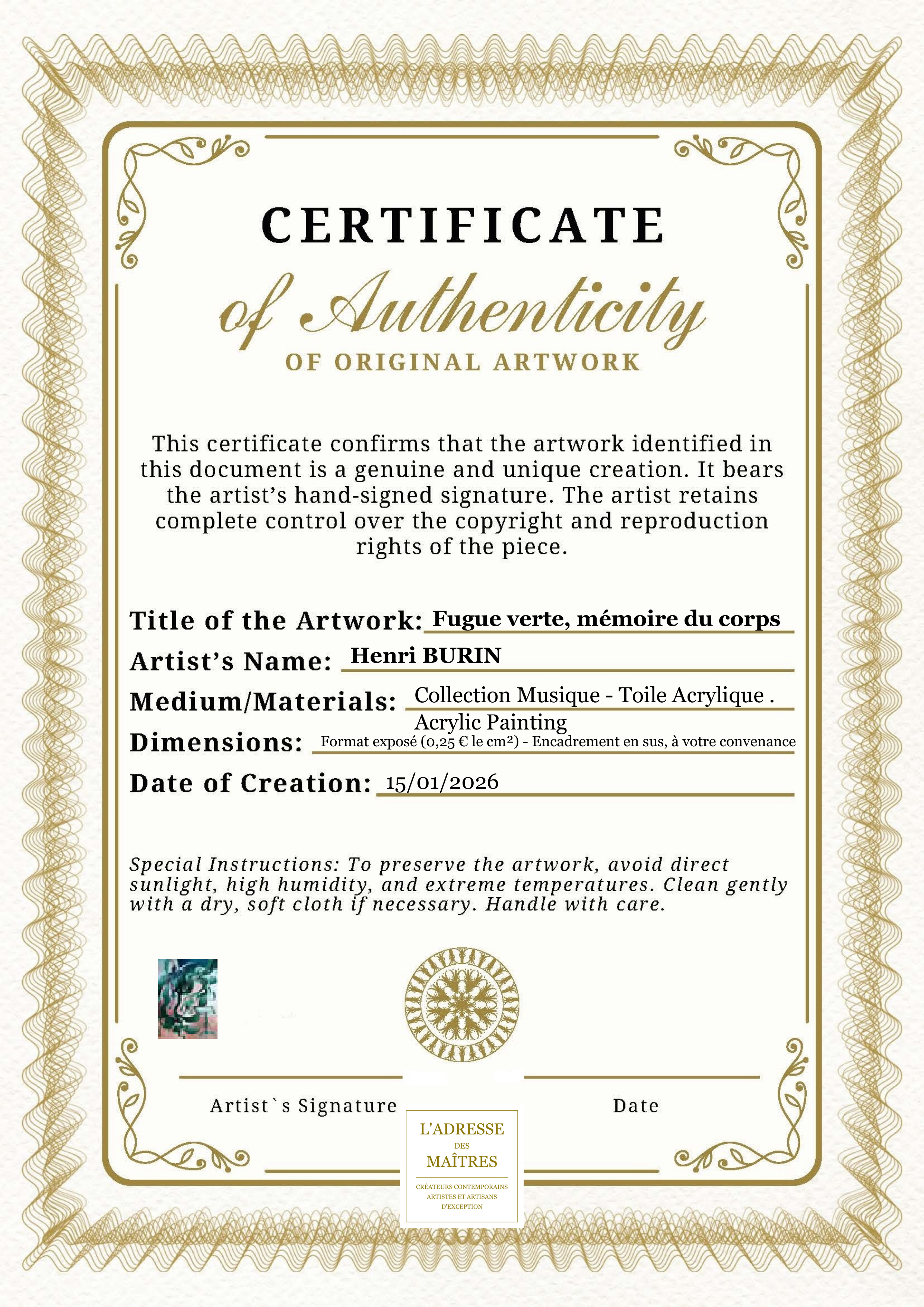 Certificat d'authenticité — Fugue verte, mémoire du corps — Henri BURIN