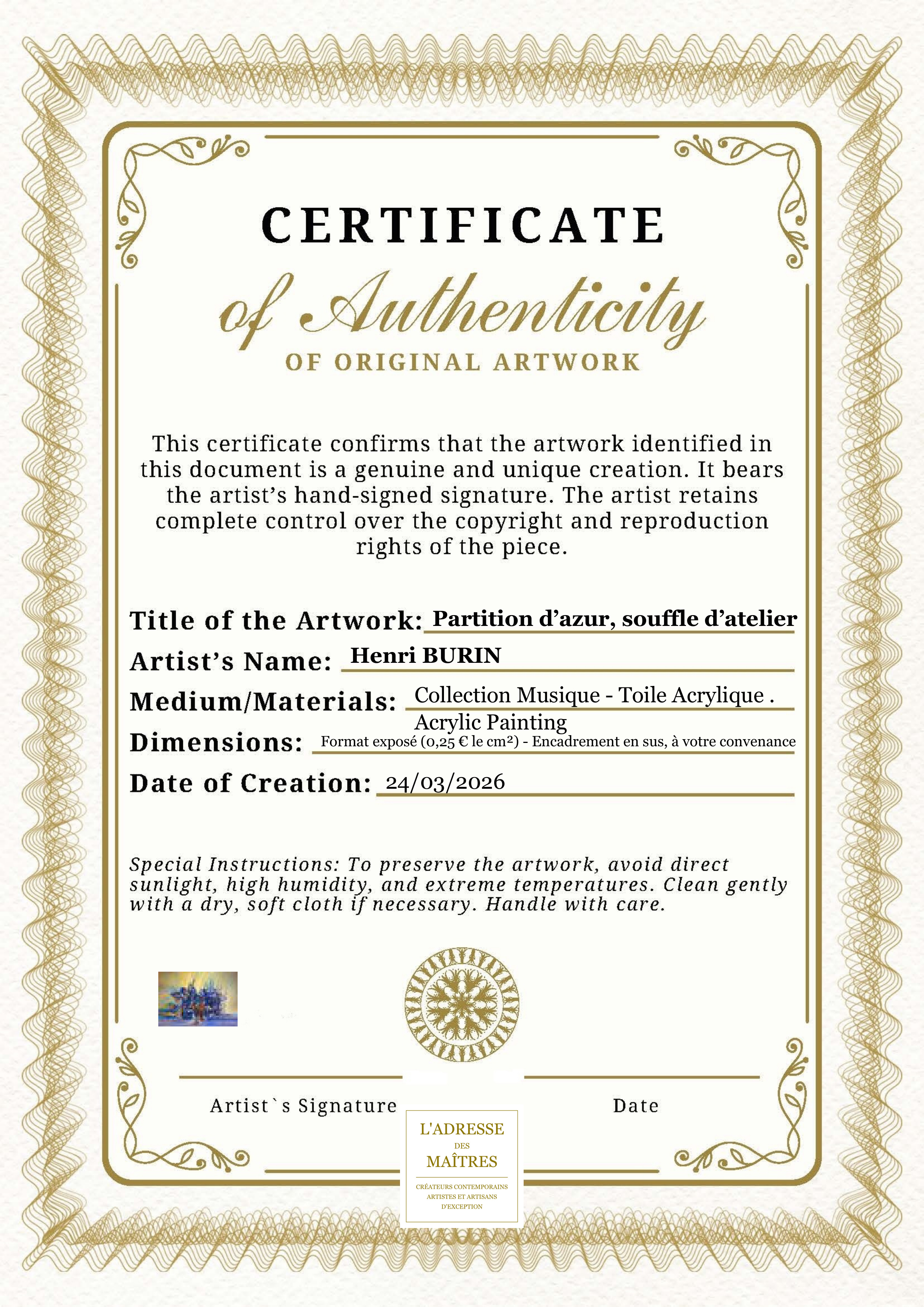 Certificat d'authenticité — Partition d’azur, souffle d’atelier — Henri BURIN