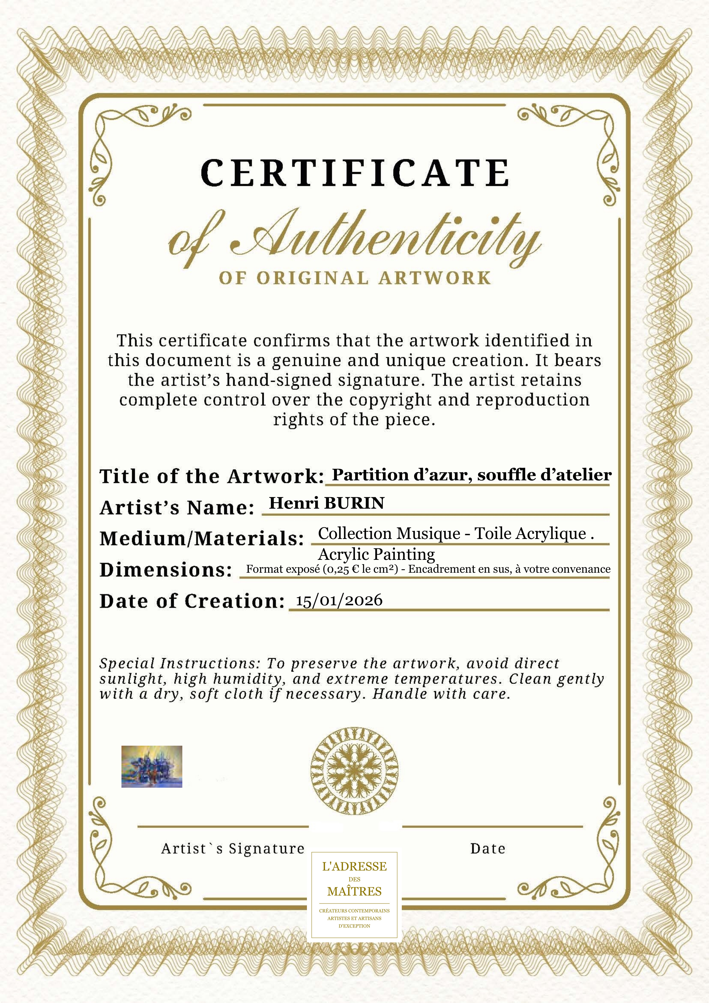Certificat d'authenticité — Partition d’azur, souffle d’atelier — Henri BURIN