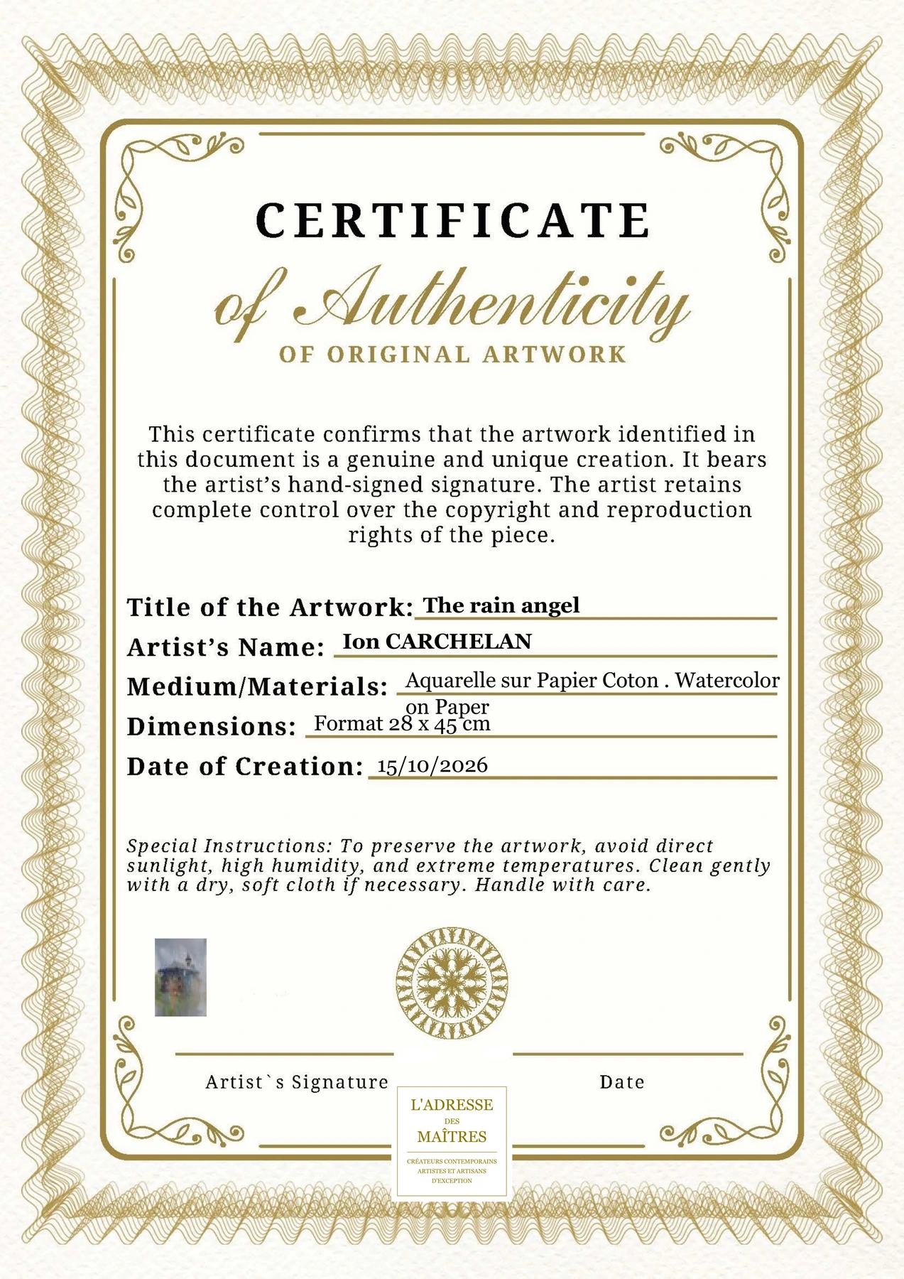 Certificat d'authenticité - The rain angel - Ion CARCHELAN